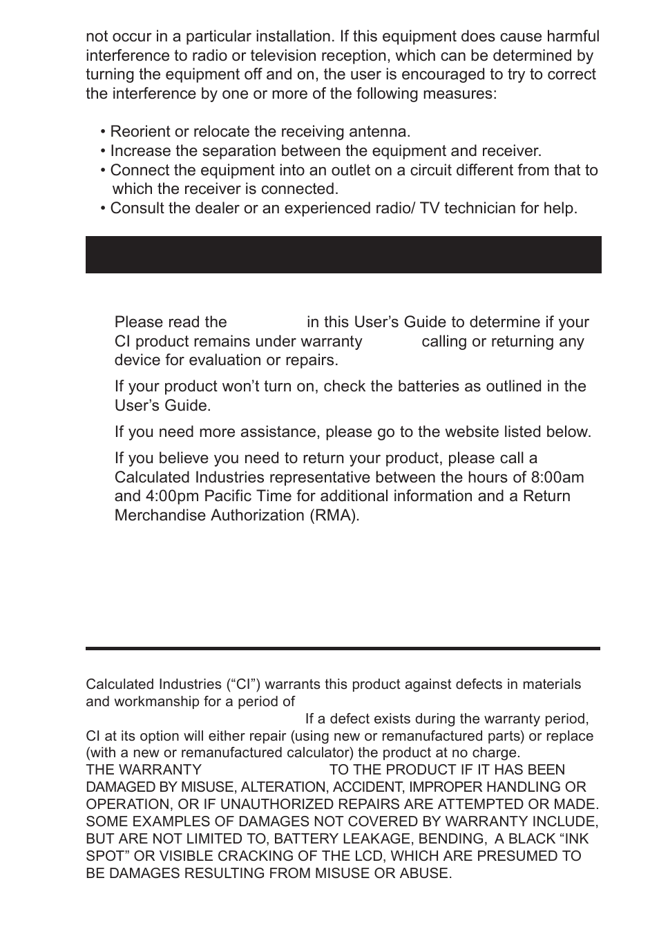 Warranty, repair and return information, Warranty | Calculated Industries 3350 User Guide User Manual | Page 9 / 12