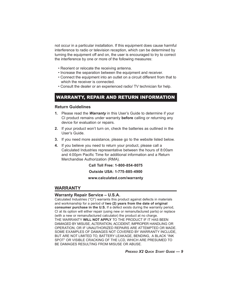 Warranty, repair and return information, Warranty | Calculated Industries 3350 Quick Start User Manual | Page 9 / 12