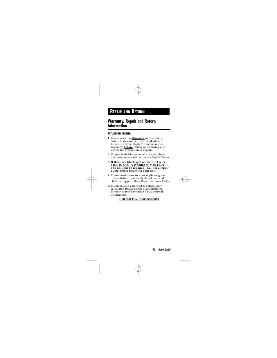 Warranty, repair and return information | Calculated Industries 6020 v2.0 User Manual | Page 15 / 44