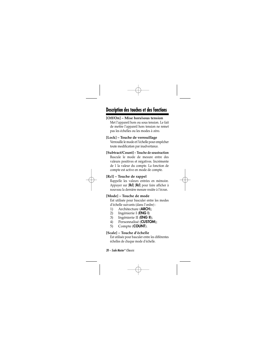 Description des touches et des fonctions | Calculated Industries 6020 v2.0 User Manual | Page 20 / 44