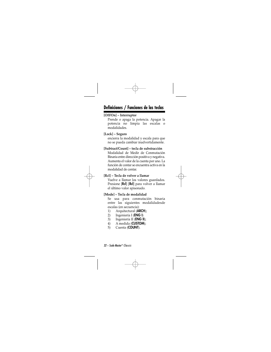 Definiciones / funciones de las teclas | Calculated Industries 6020 v2.0 User Manual | Page 32 / 44