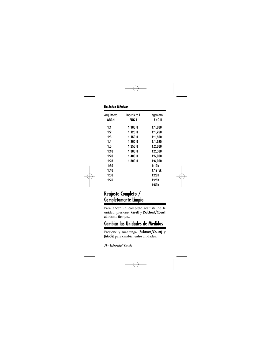 Reajuste completo / completamente limpio, Cambiar las unidades de medidas | Calculated Industries 6020 v2.0 User Manual | Page 36 / 44