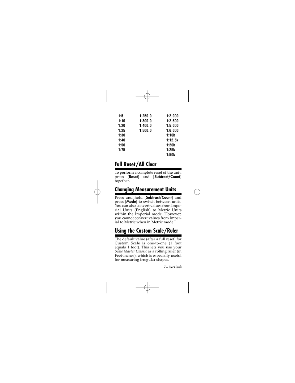 Full reset/all clear, Changing measurement units, Using the custom scale/ruler | Calculated Industries 6020 v2.0 User Manual | Page 7 / 44