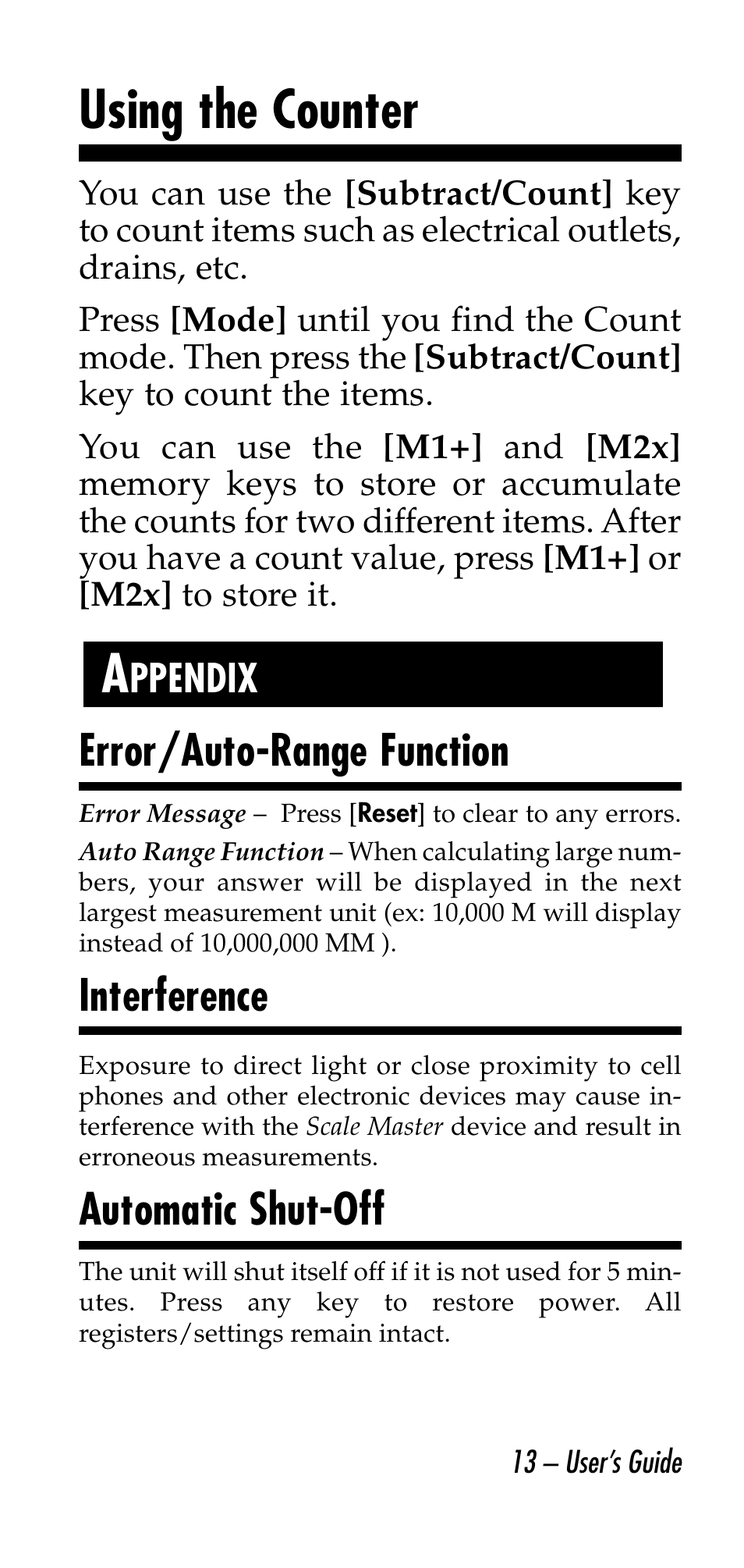 Using the counter, Error/auto-range function, Interference | Automatic shut-off | Calculated Industries 6020-E v3.0 User Manual | Page 13 / 44