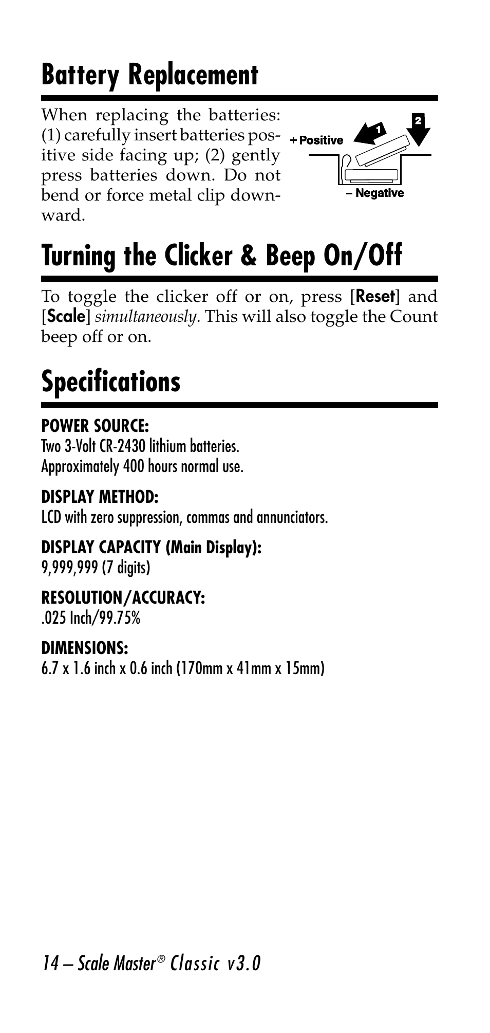 Battery replacement, Turning the clicker & beep on/off, Specifications | Calculated Industries 6020-E v3.0 User Manual | Page 14 / 44
