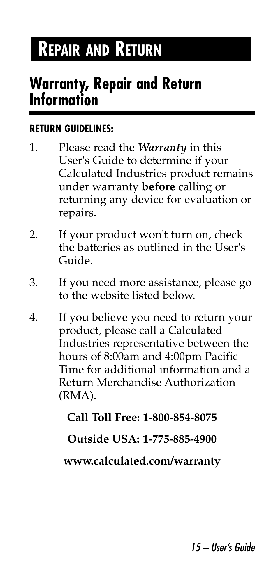 Warranty, repair and return information | Calculated Industries 6020-E v3.0 User Manual | Page 15 / 44
