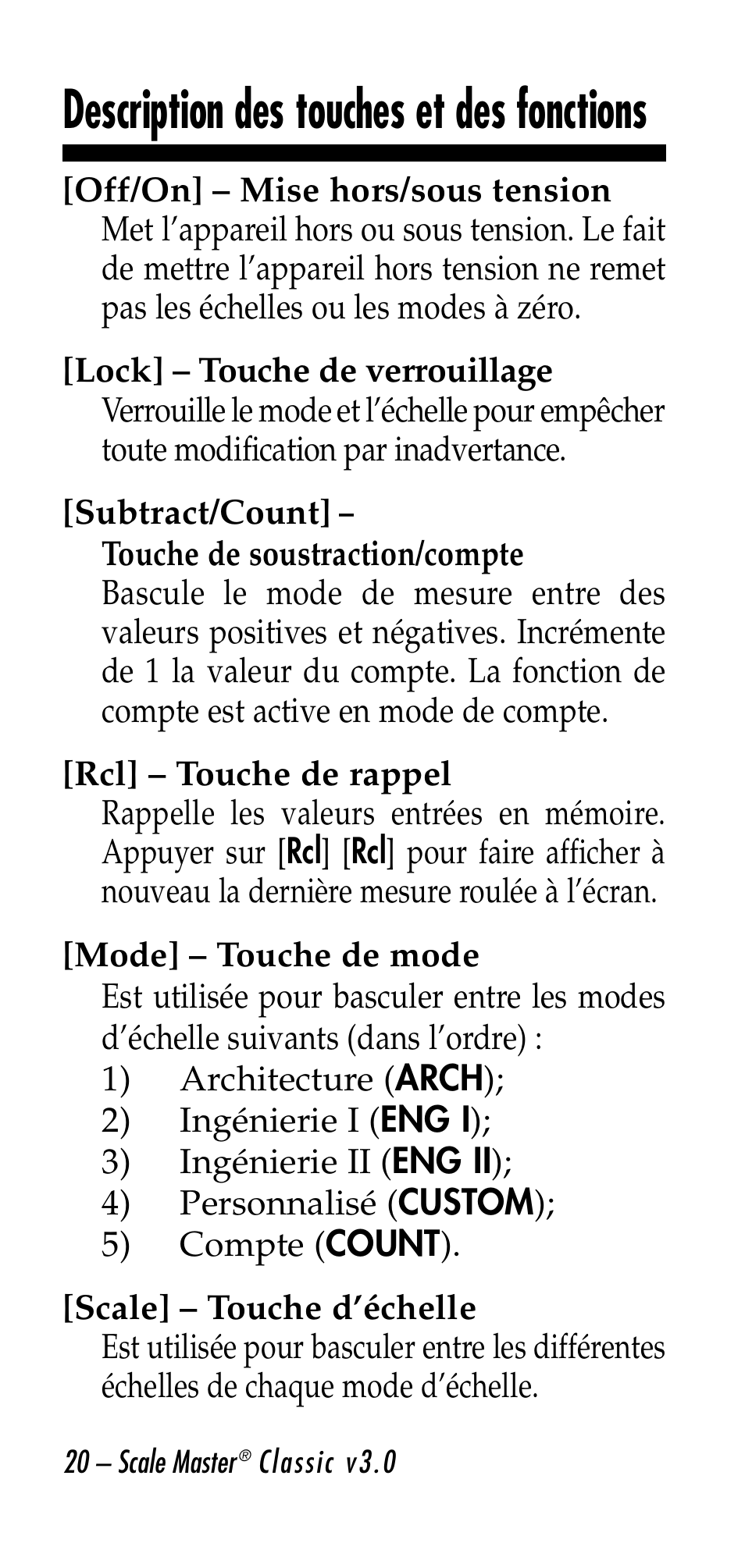 Description des touches et des fonctions | Calculated Industries 6020-E v3.0 User Manual | Page 20 / 44