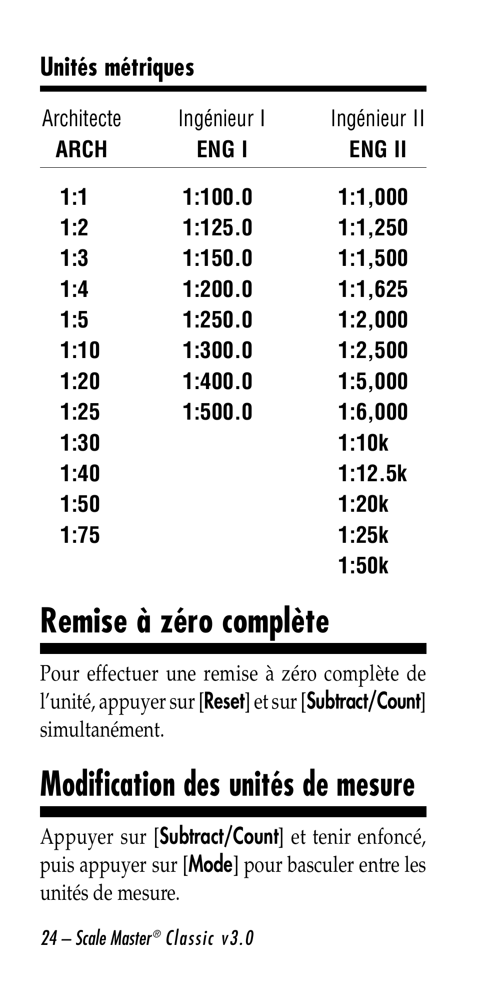 Remise à zéro complète, Modification des unités de mesure | Calculated Industries 6020-E v3.0 User Manual | Page 24 / 44