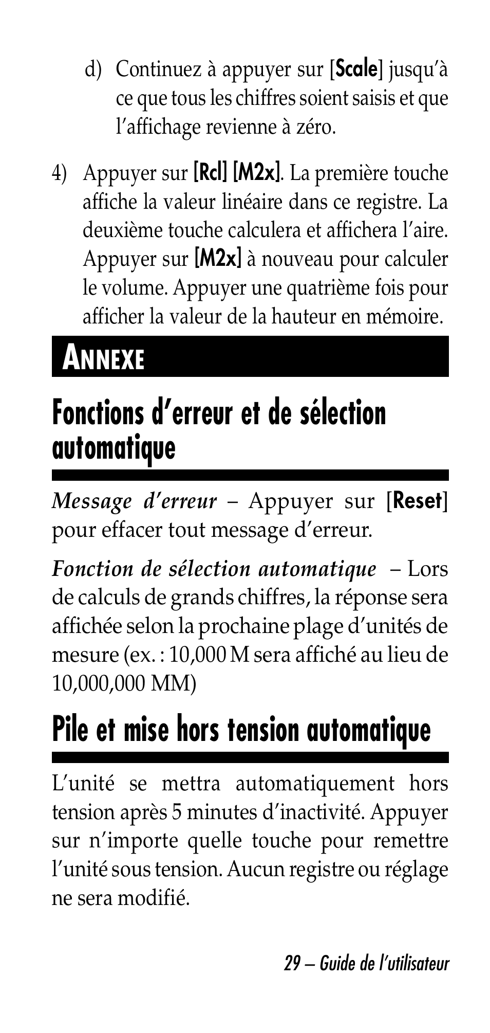 Fonctions d’erreur et de sélection automatique, Pile et mise hors tension automatique | Calculated Industries 6020-E v3.0 User Manual | Page 29 / 44