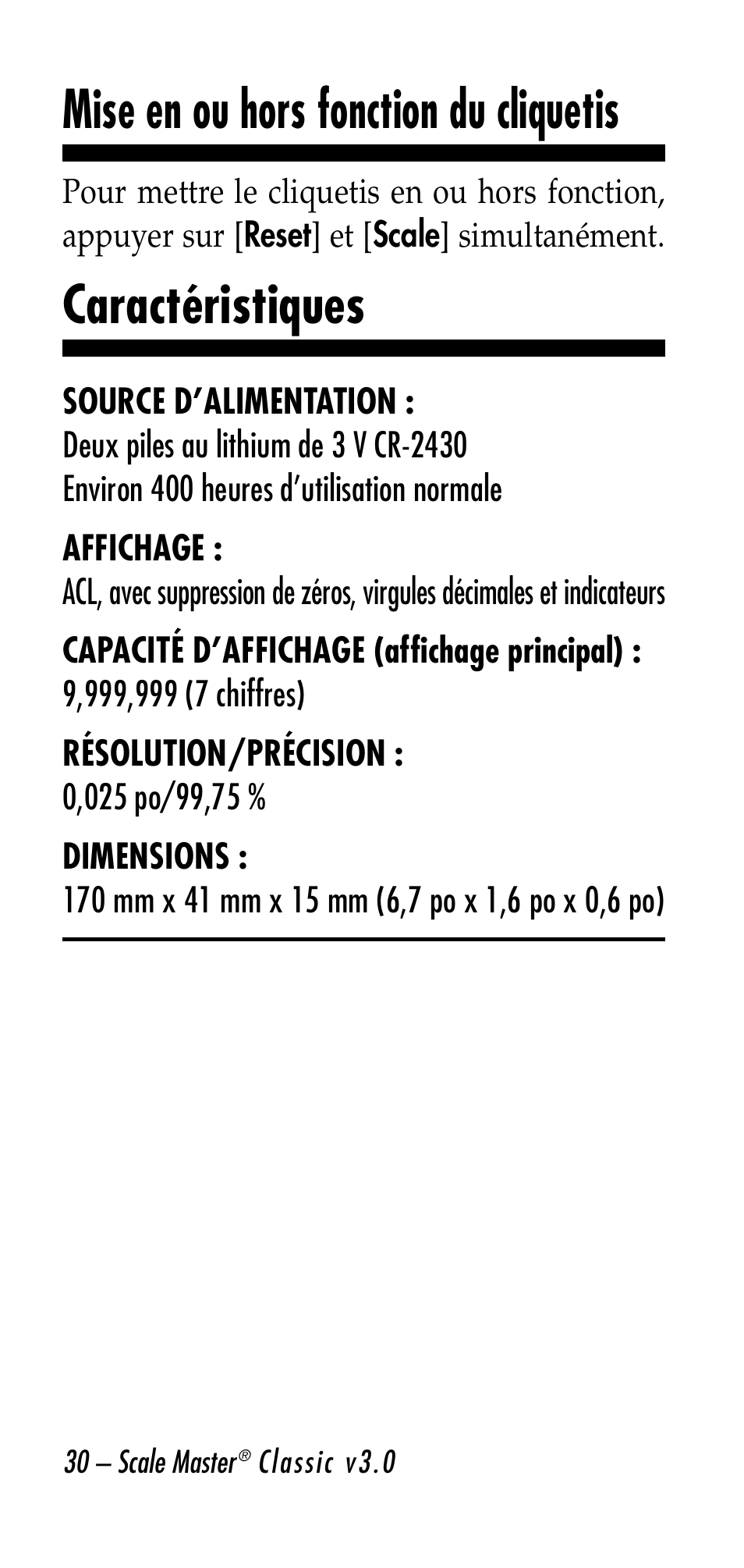 Mise en ou hors fonction du cliquetis, Caractéristiques | Calculated Industries 6020-E v3.0 User Manual | Page 30 / 44