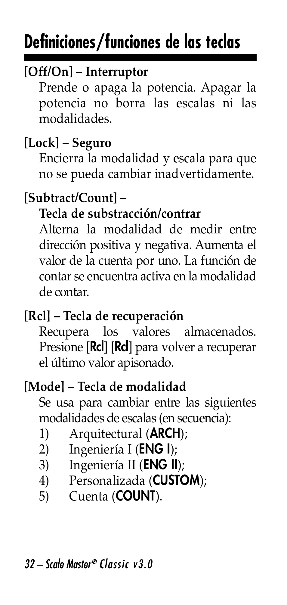 Definiciones/funciones de las teclas | Calculated Industries 6020-E v3.0 User Manual | Page 32 / 44