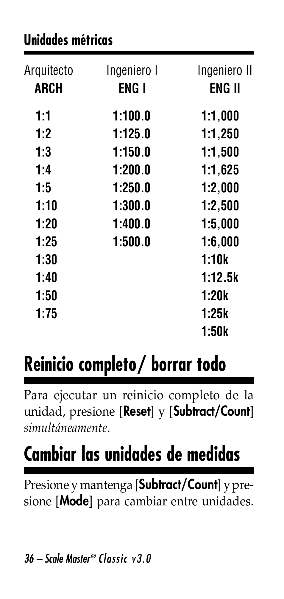 Reinicio completo/ borrar todo, Cambiar las unidades de medidas | Calculated Industries 6020-E v3.0 User Manual | Page 36 / 44