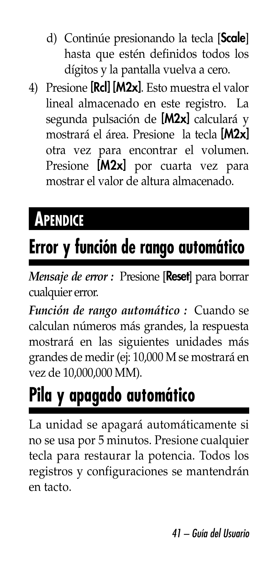 Error y función de rango automático, Pila y apagado automático | Calculated Industries 6020-E v3.0 User Manual | Page 41 / 44