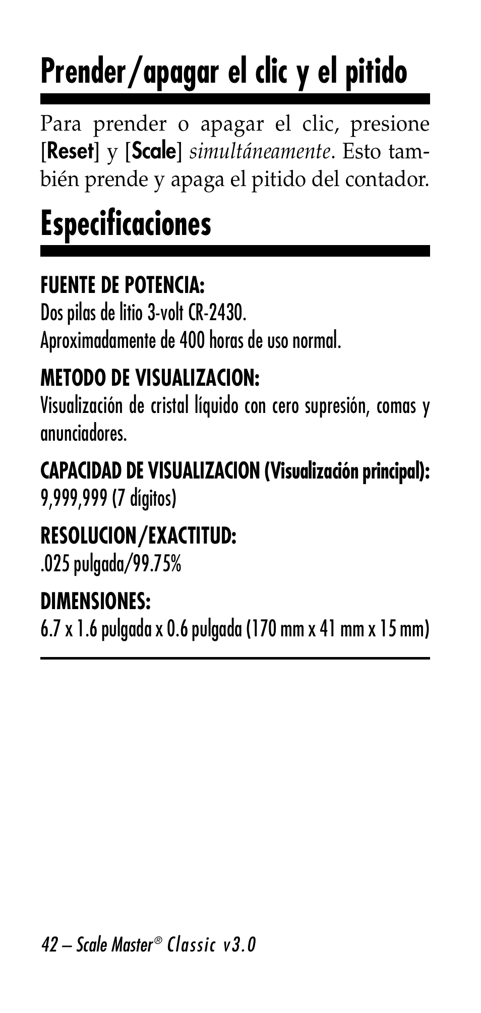 Prender/apagar el clic y el pitido, Especificaciones | Calculated Industries 6020-E v3.0 User Manual | Page 42 / 44