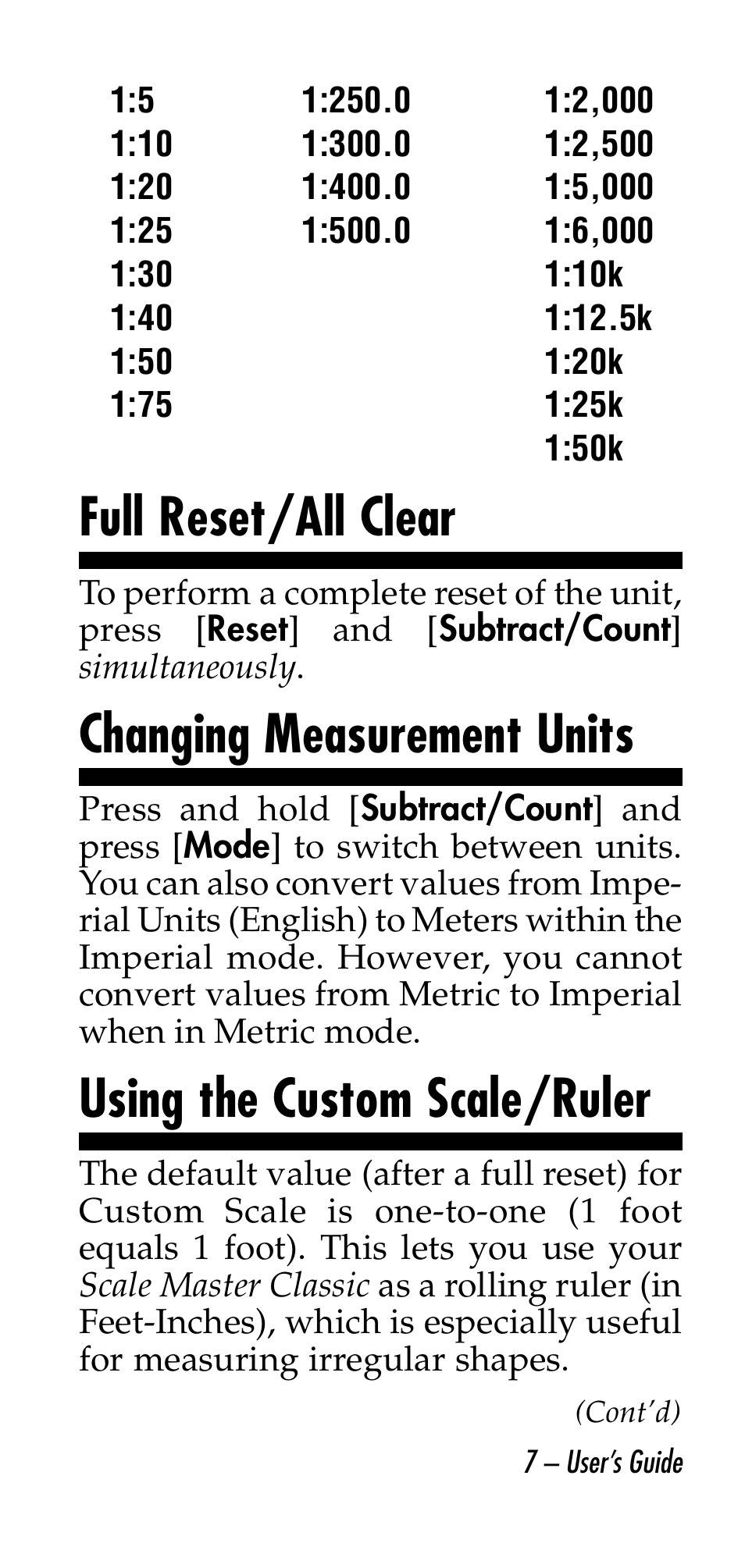 Full reset/all clear, Changing measurement units, Using the custom scale/ruler | Calculated Industries 6020-E v3.0 User Manual | Page 7 / 44