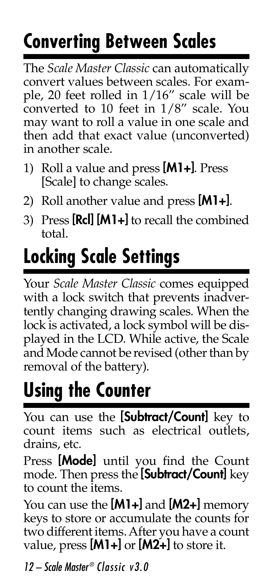 Converting between scales, Locking scale settings, Using the counter | Calculated Industries 6026 User Manual | Page 12 / 60