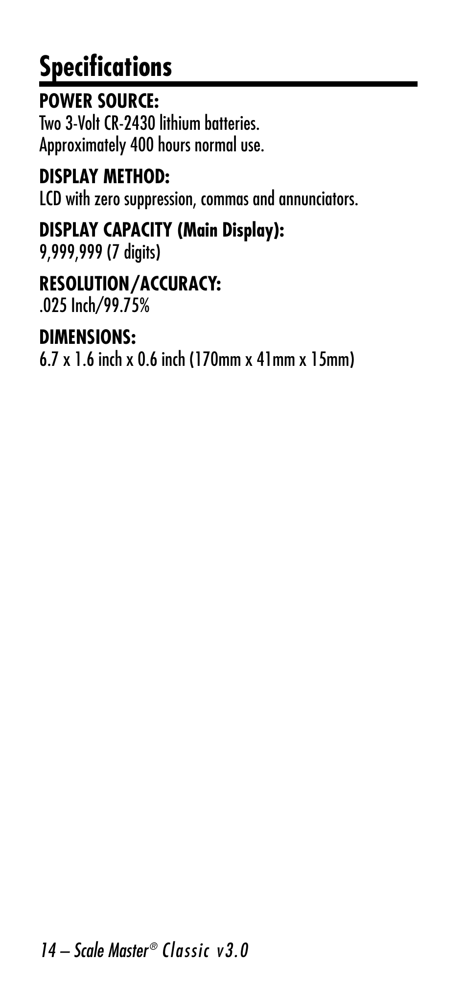 Specifications | Calculated Industries 6026 User Manual | Page 14 / 60