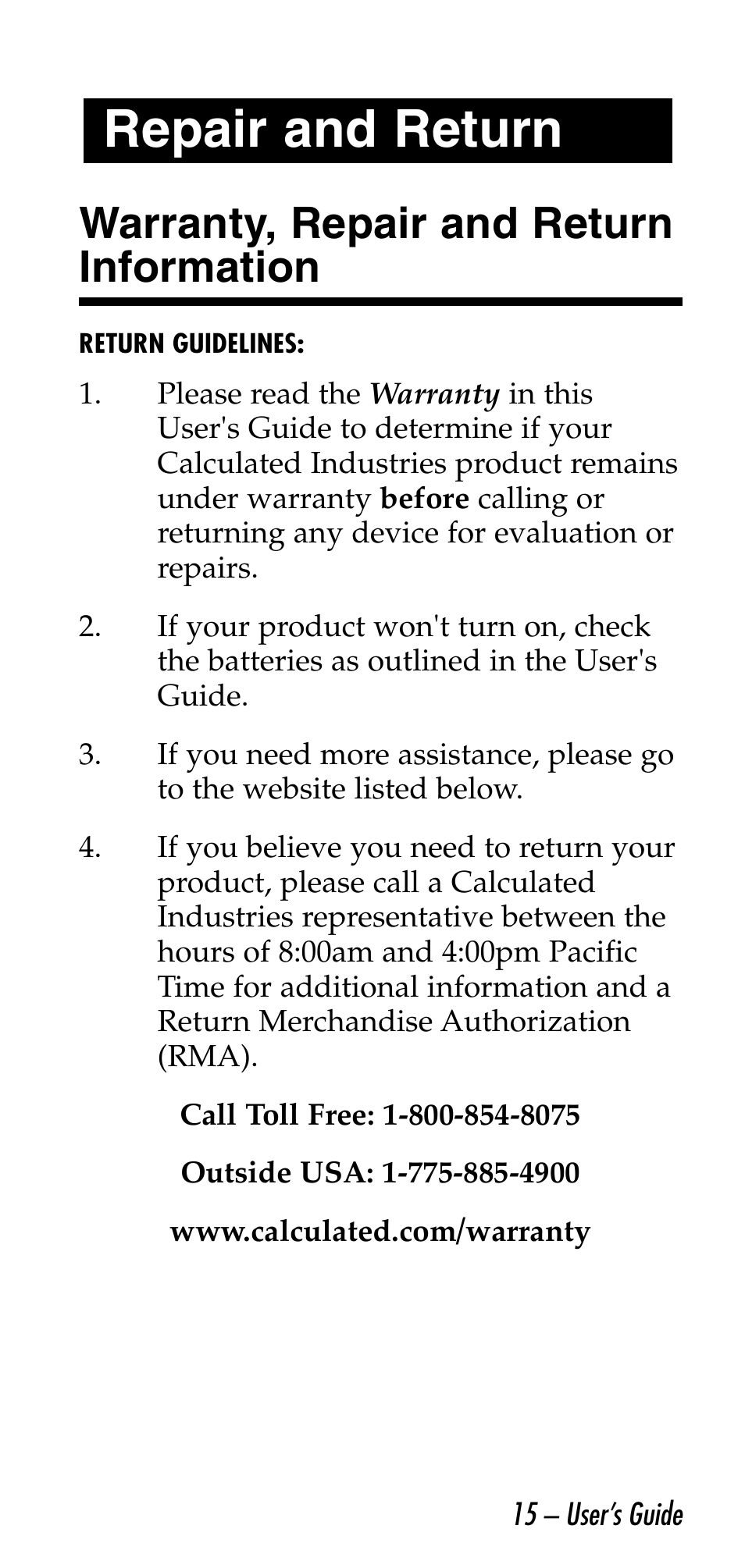 Repair and return, Warranty, repair and return information | Calculated Industries 6026 User Manual | Page 15 / 60