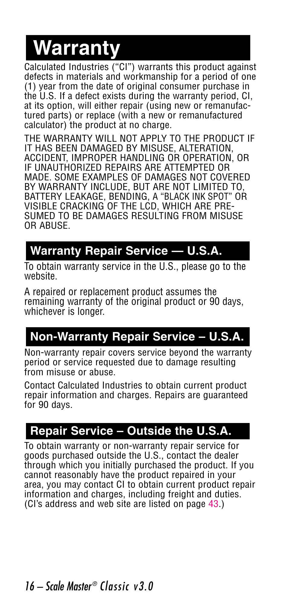 Warranty | Calculated Industries 6026 User Manual | Page 16 / 60