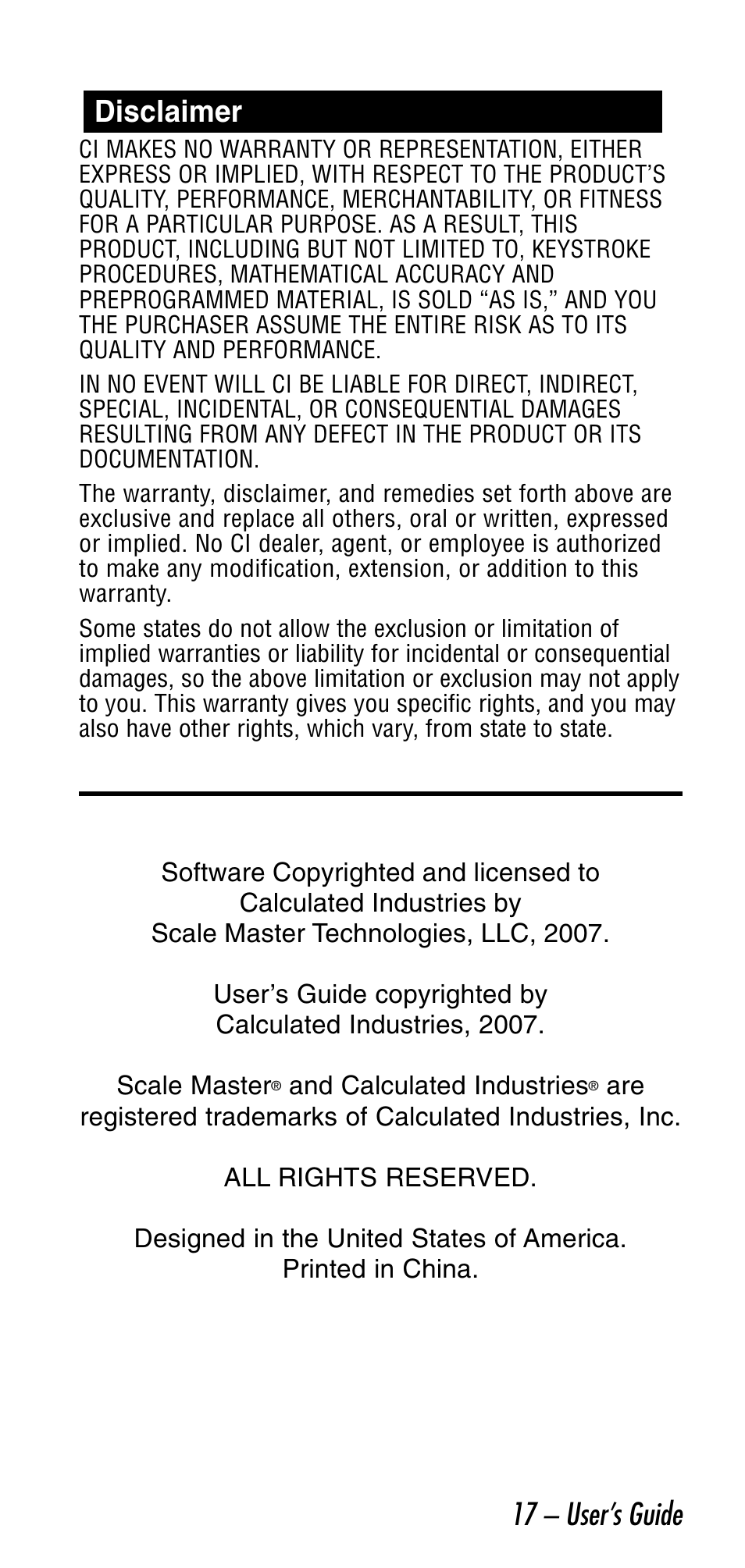17 – user’s guide, Disclaimer | Calculated Industries 6026 User Manual | Page 17 / 60
