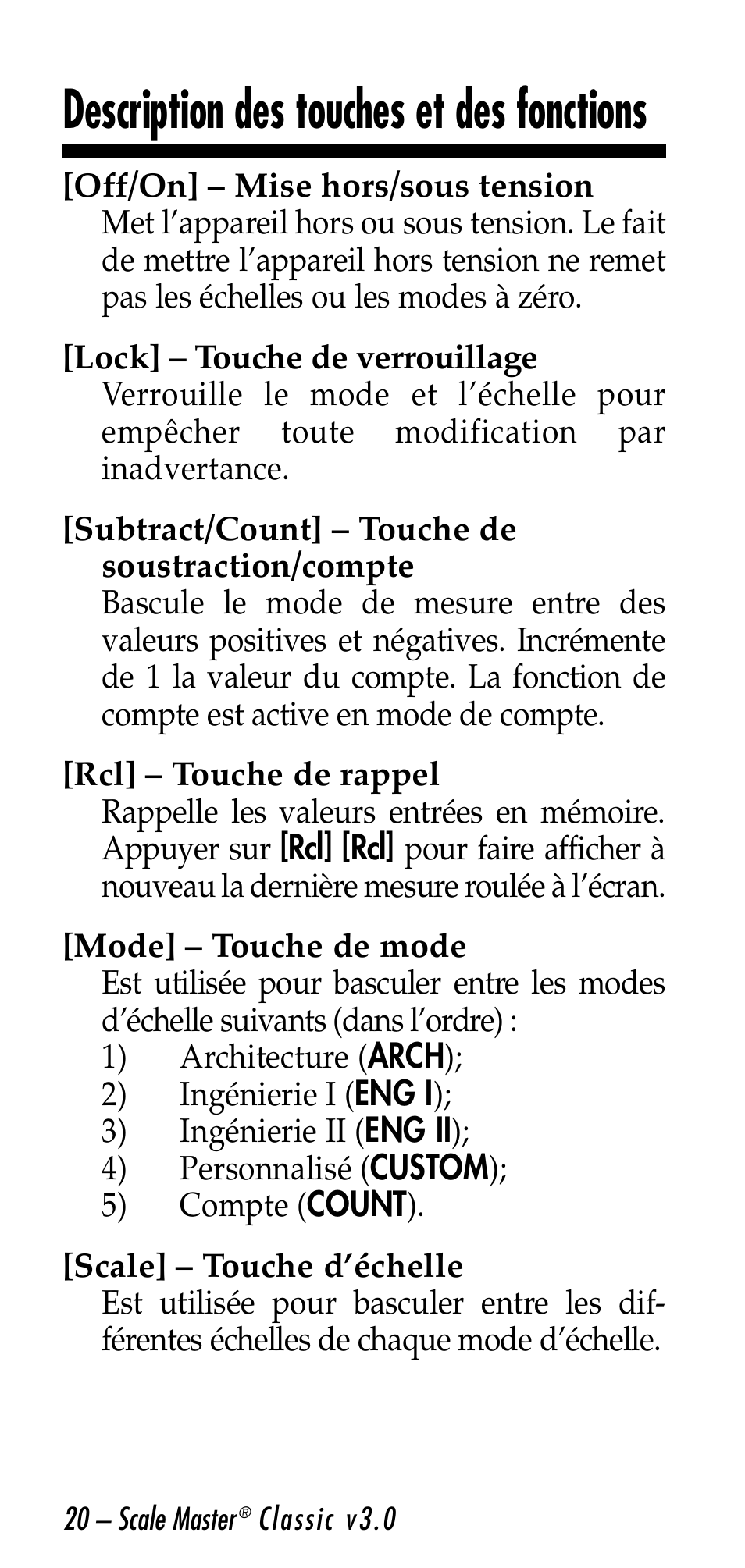 Description des touches et des fonctions | Calculated Industries 6026 User Manual | Page 20 / 60