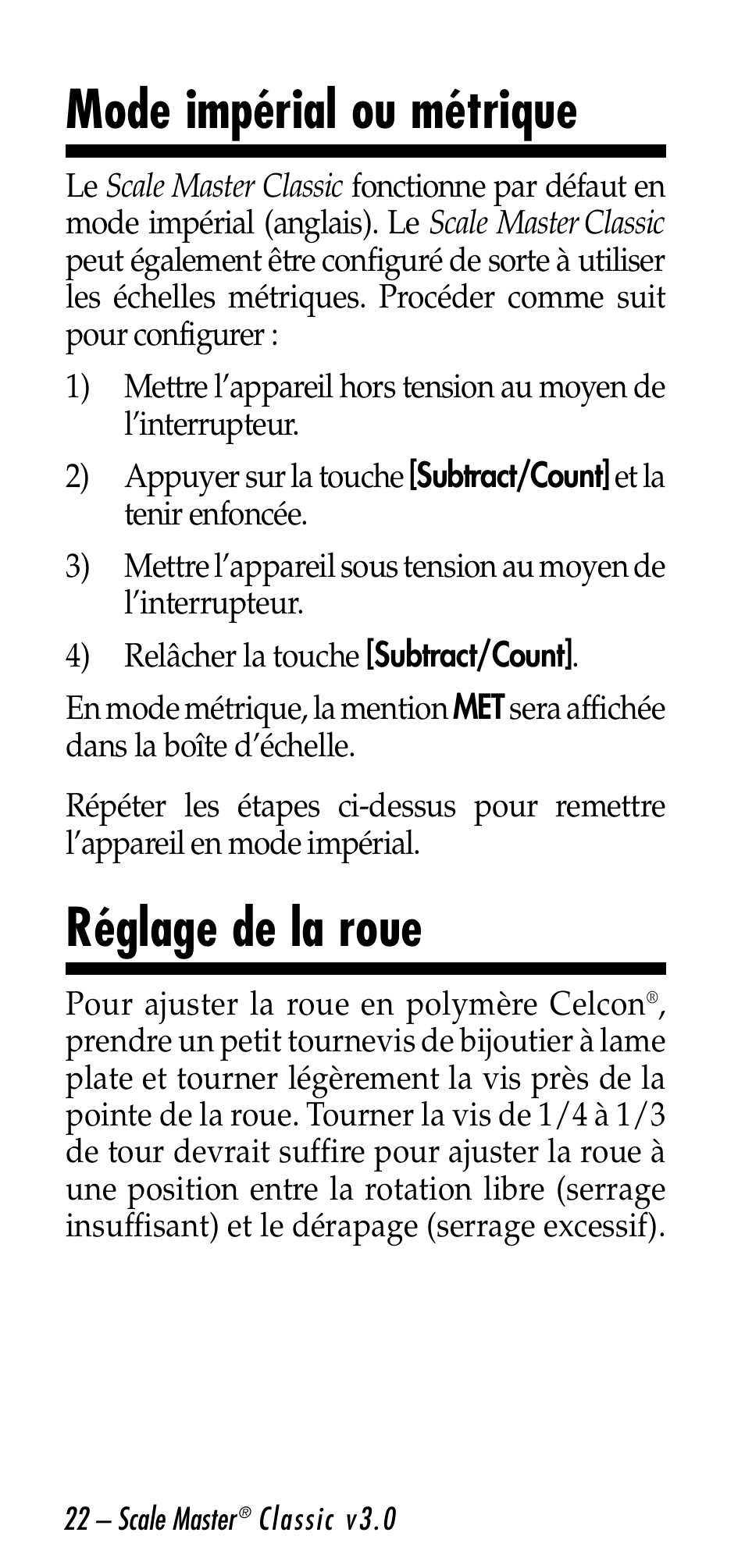 Mode impérial ou métrique, Réglage de la roue | Calculated Industries 6026 User Manual | Page 22 / 60