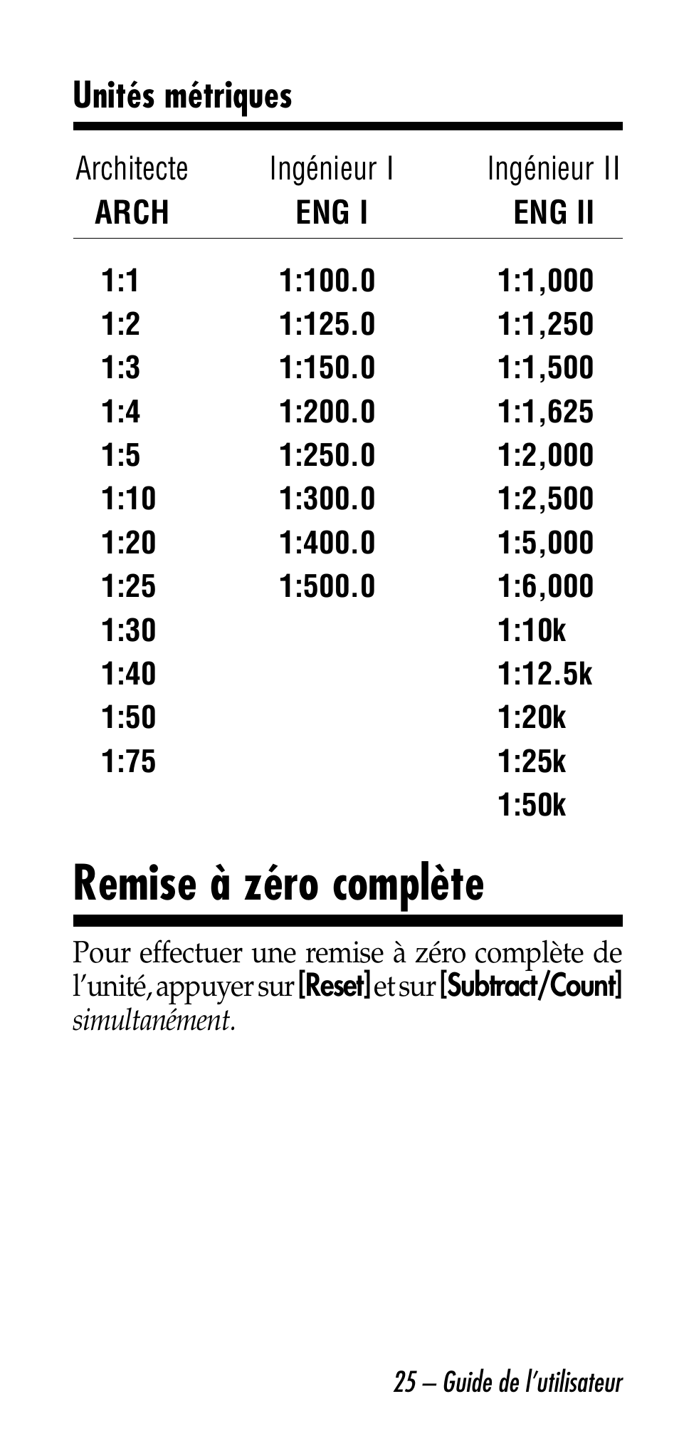 Remise à zéro complète, Unités métriques | Calculated Industries 6026 User Manual | Page 25 / 60