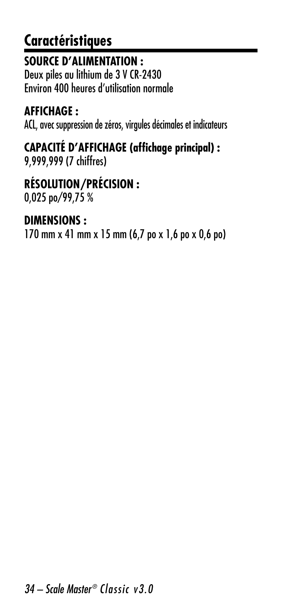 Caractéristiques | Calculated Industries 6026 User Manual | Page 34 / 60