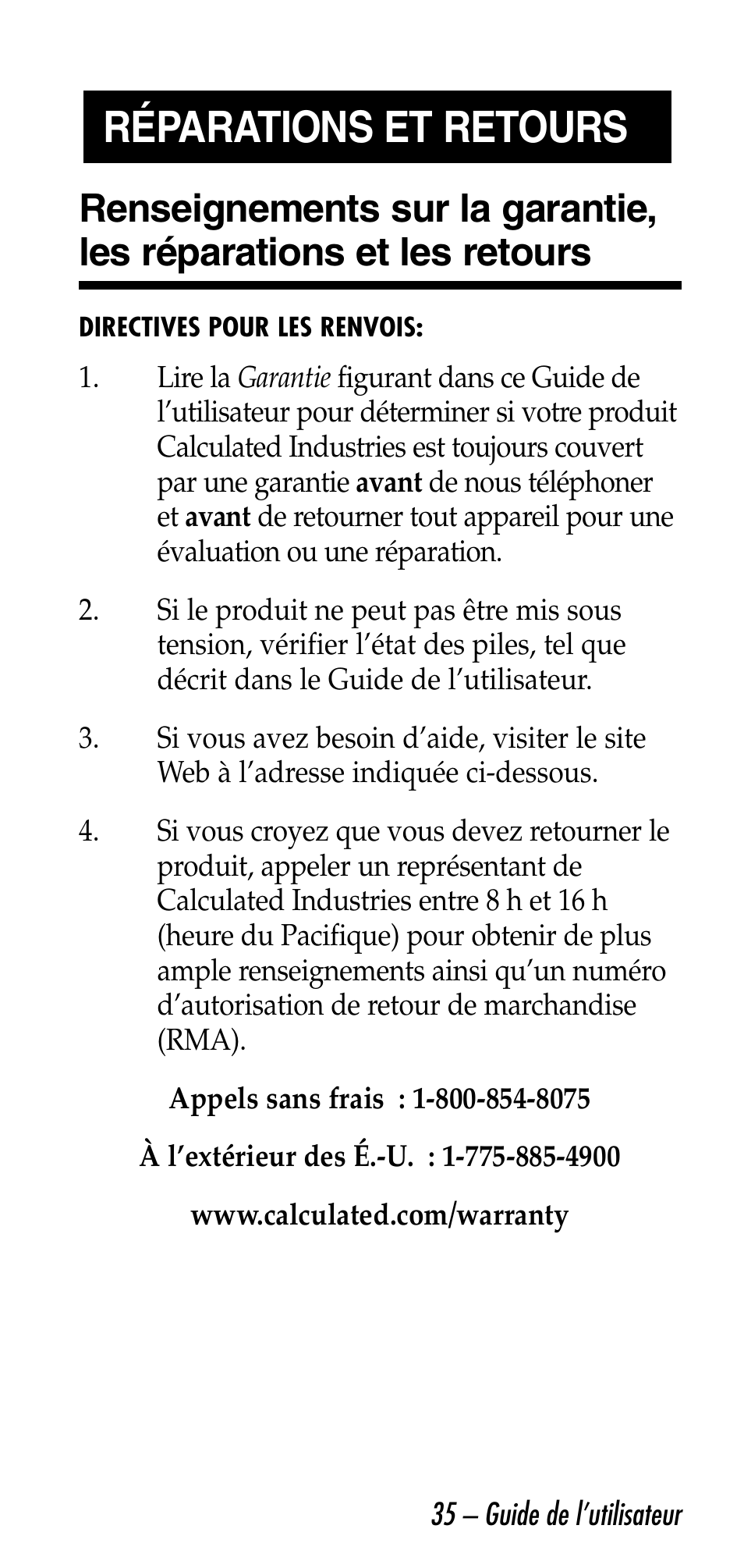 Réparations et retours | Calculated Industries 6026 User Manual | Page 35 / 60