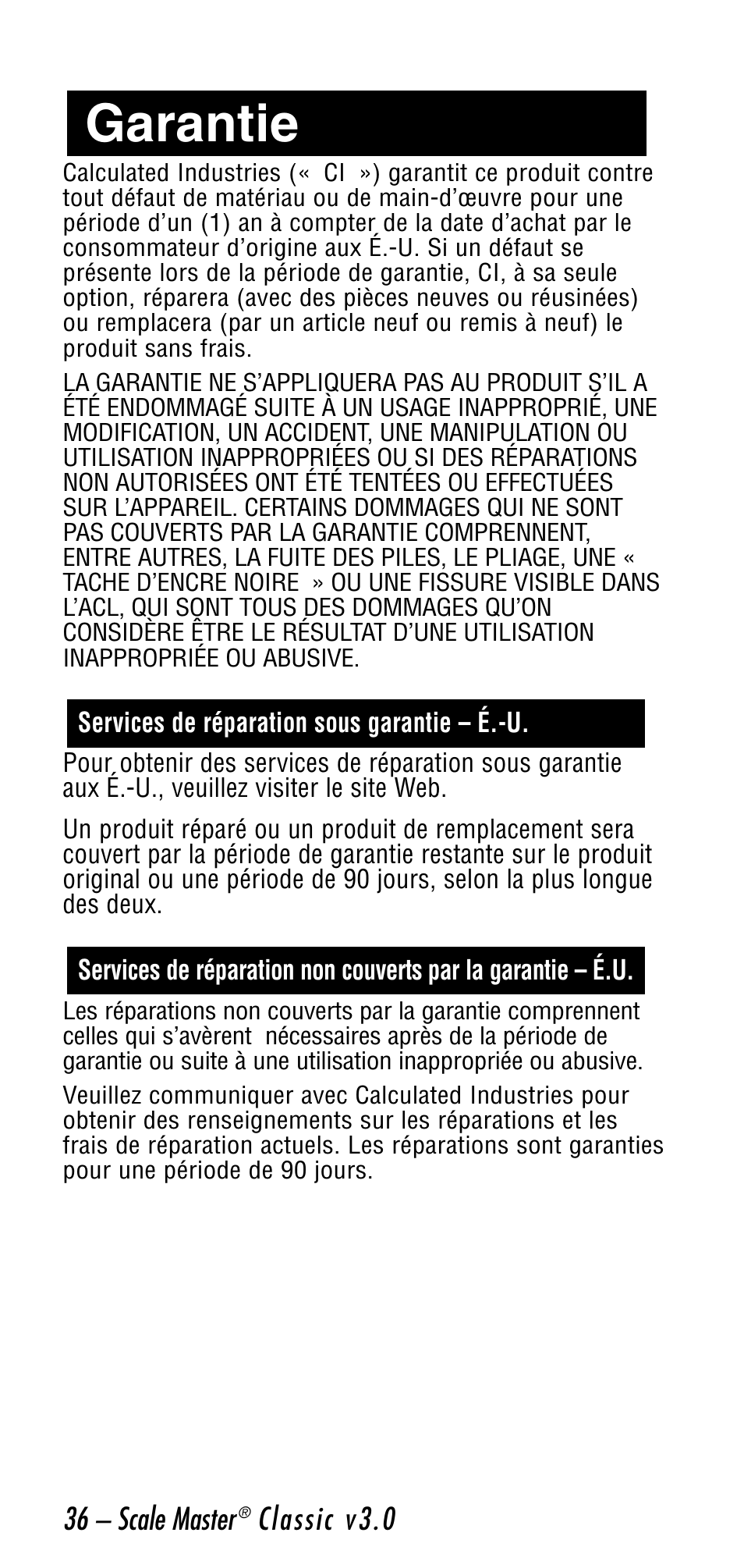 Garantie | Calculated Industries 6026 User Manual | Page 36 / 60