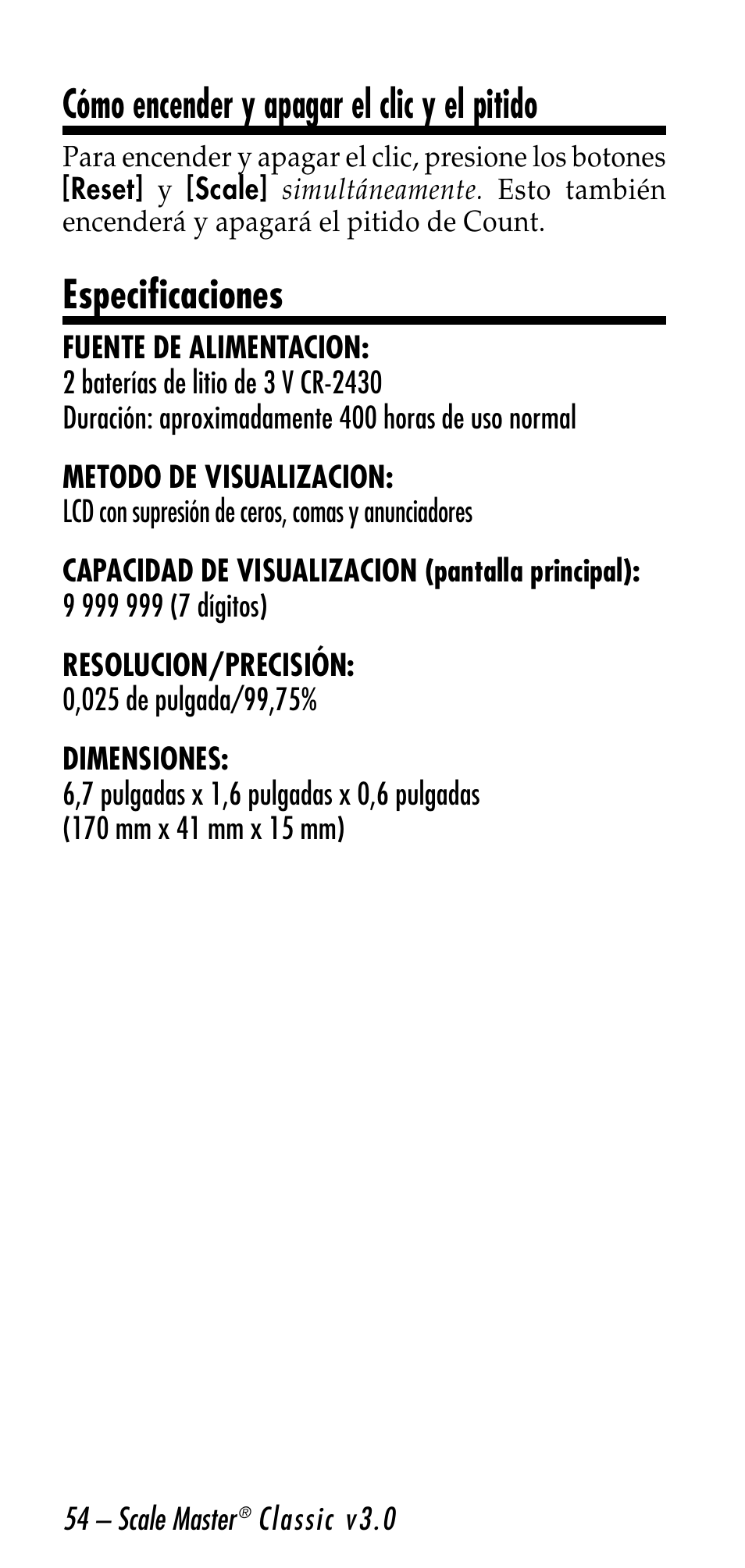 Cómo encender y apagar el clic y el pitido, Especificaciones | Calculated Industries 6026 User Manual | Page 54 / 60