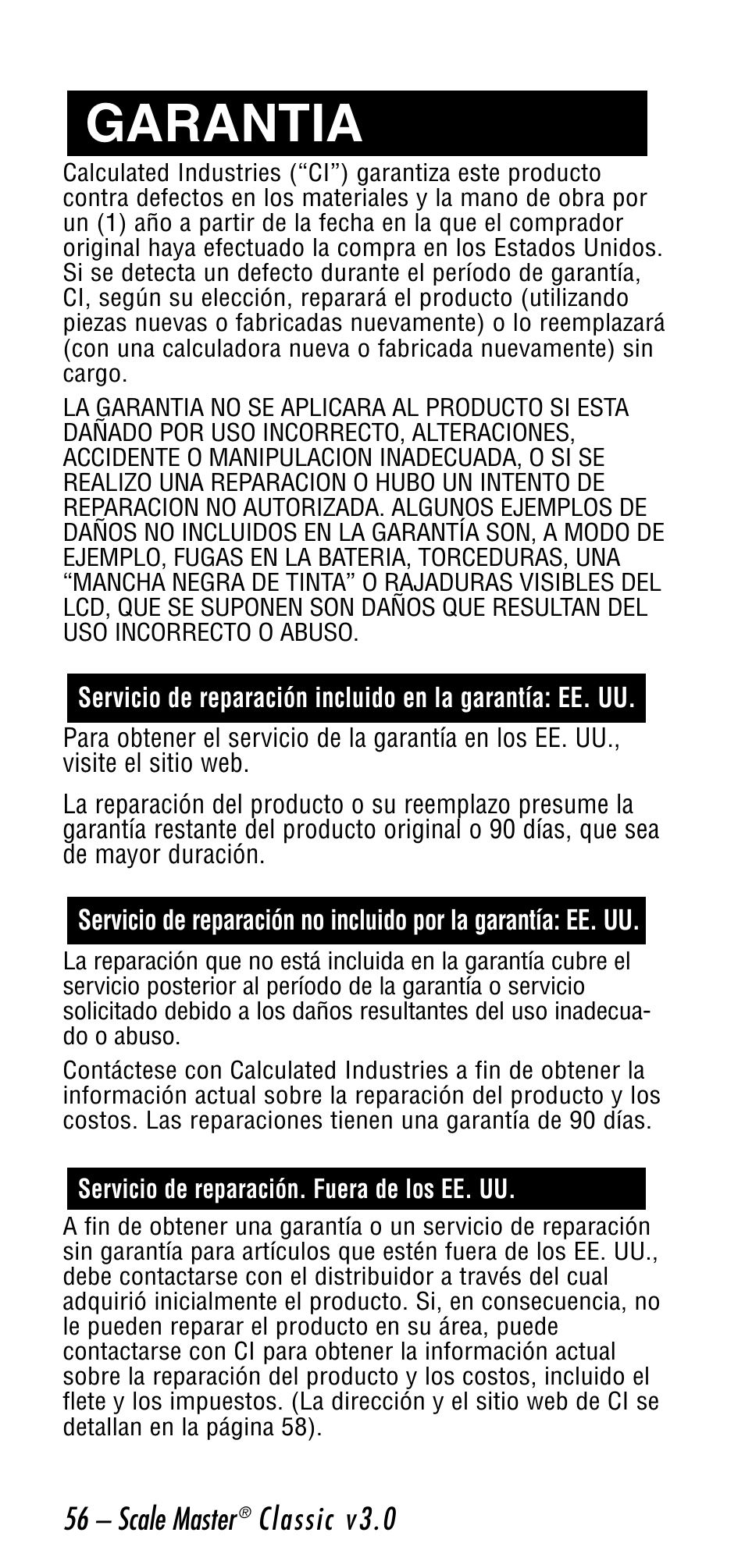 Garantia | Calculated Industries 6026 User Manual | Page 56 / 60