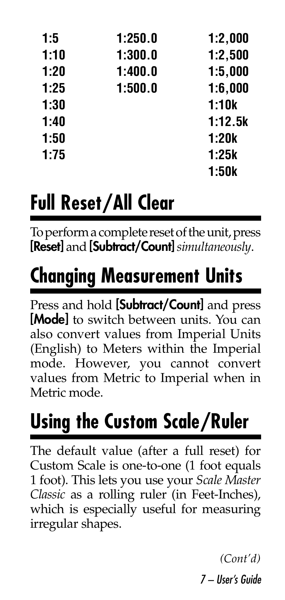 Full reset/all clear, Changing measurement units, Using the custom scale/ruler | Calculated Industries 6026 User Manual | Page 7 / 60