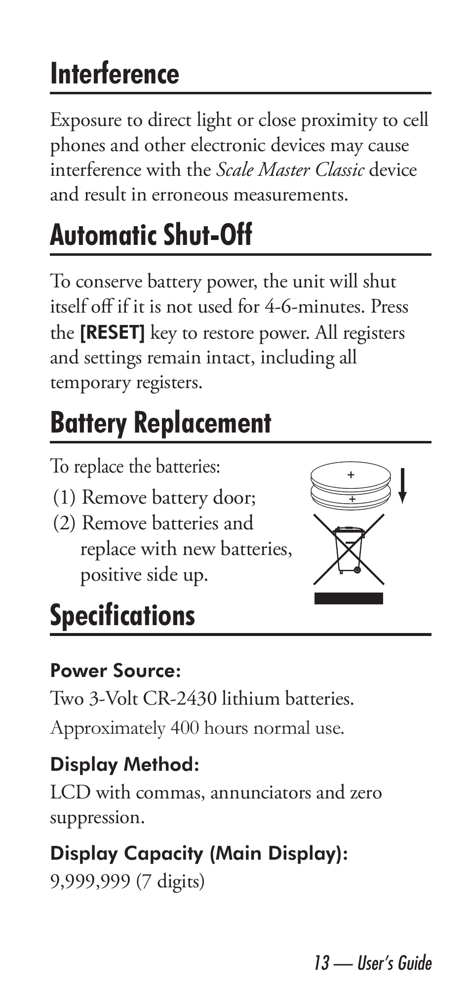 Interference, Automatic shut-off, Battery replacement | Specifications | Calculated Industries 6020 v3.1 User Manual | Page 15 / 40