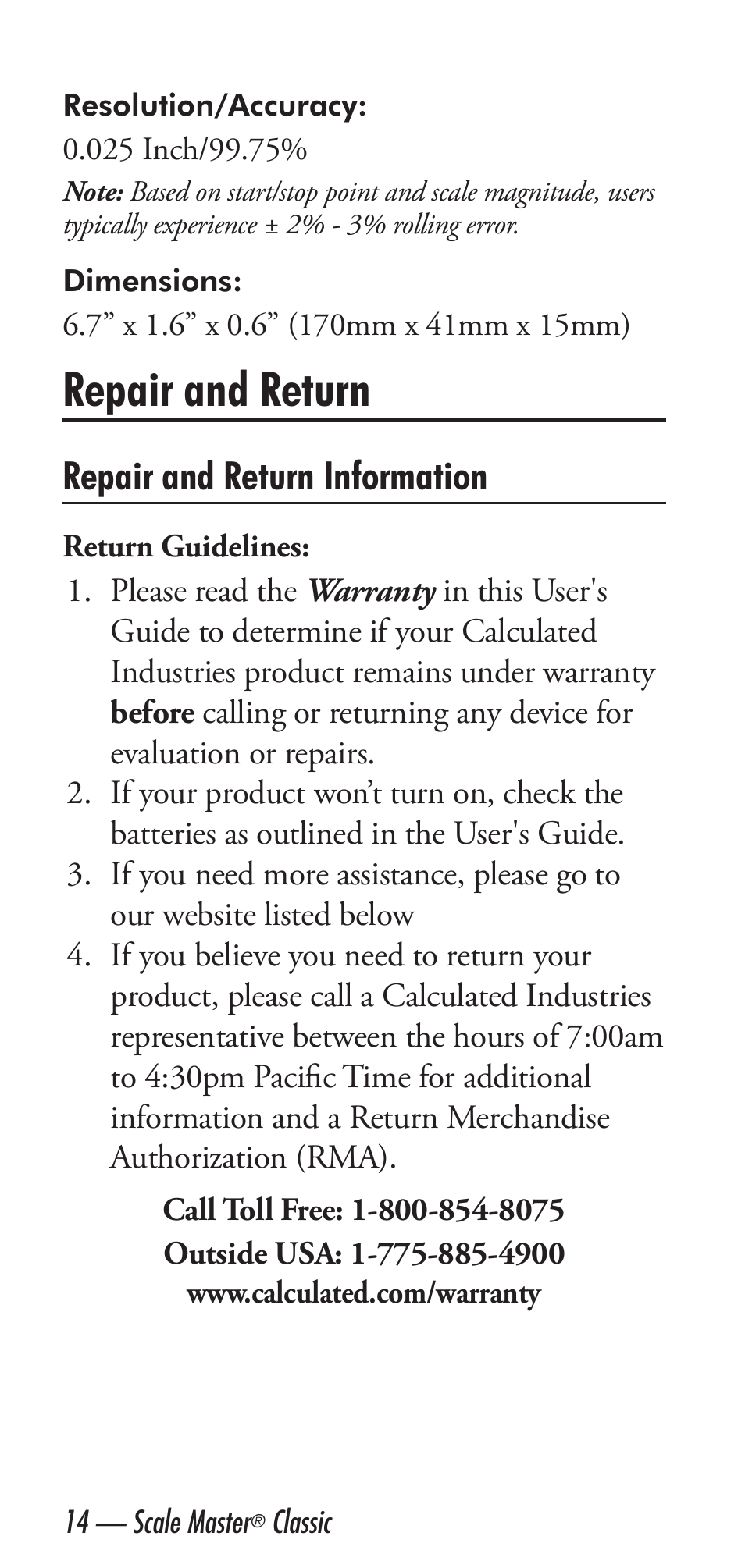 Repair and return, Repair and return information | Calculated Industries 6020 v3.1 User Manual | Page 16 / 40