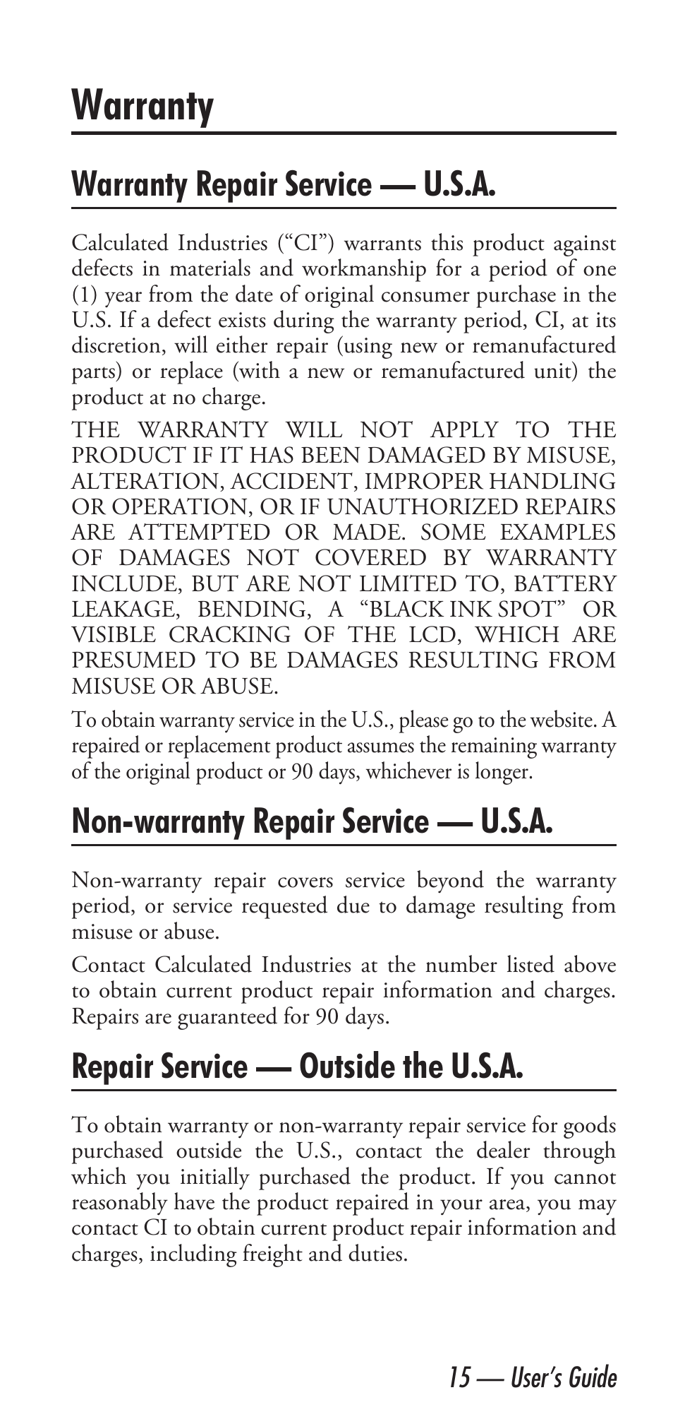 Warranty, Warranty repair service — u.s.a, Non-warranty repair service — u.s.a | Repair service — outside the u.s.a | Calculated Industries 6020 v3.1 User Manual | Page 17 / 40