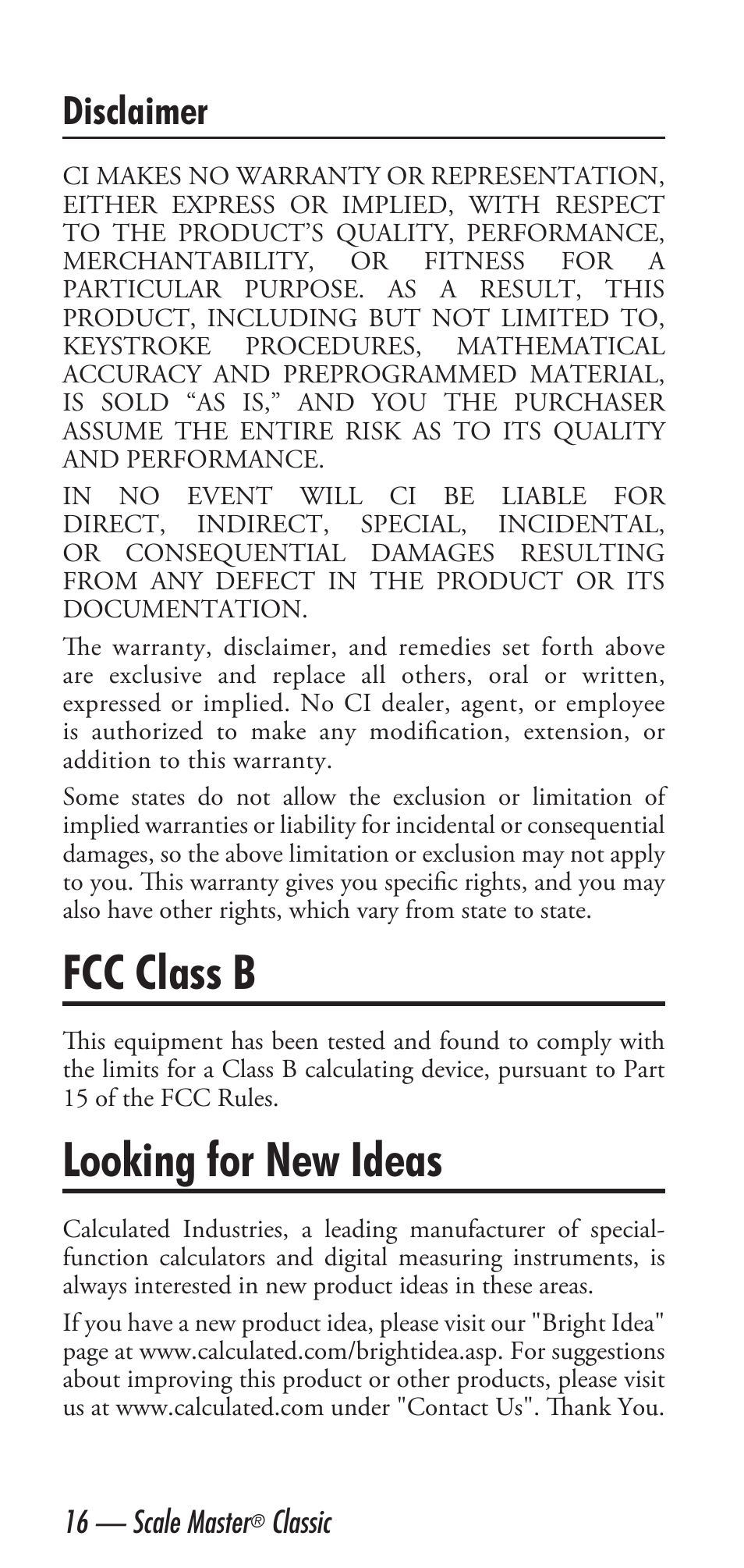 Fcc class b, Looking for new ideas, Disclaimer | Calculated Industries 6020 v3.1 User Manual | Page 18 / 40