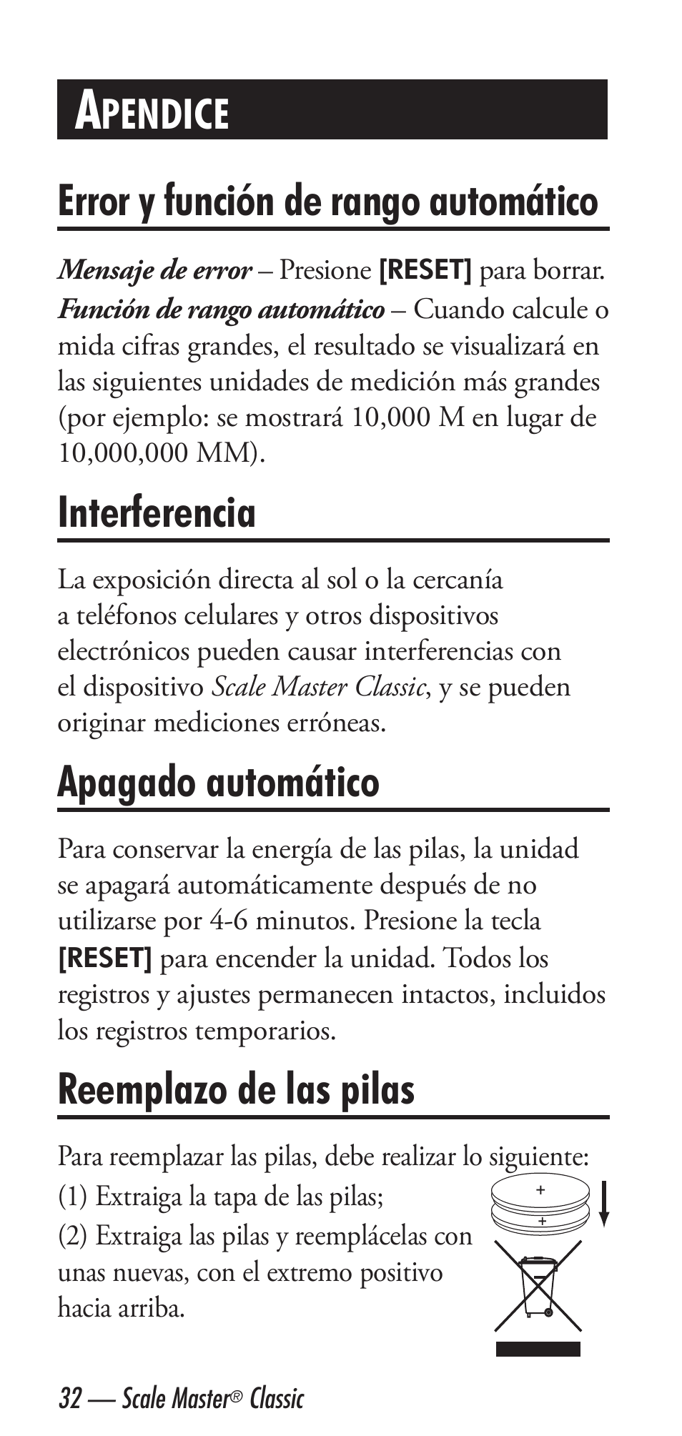 Error y función de rango automático, Interferencia, Apagado automático | Reemplazo de las pilas, Pendice | Calculated Industries 6020 v3.1 User Manual | Page 34 / 40