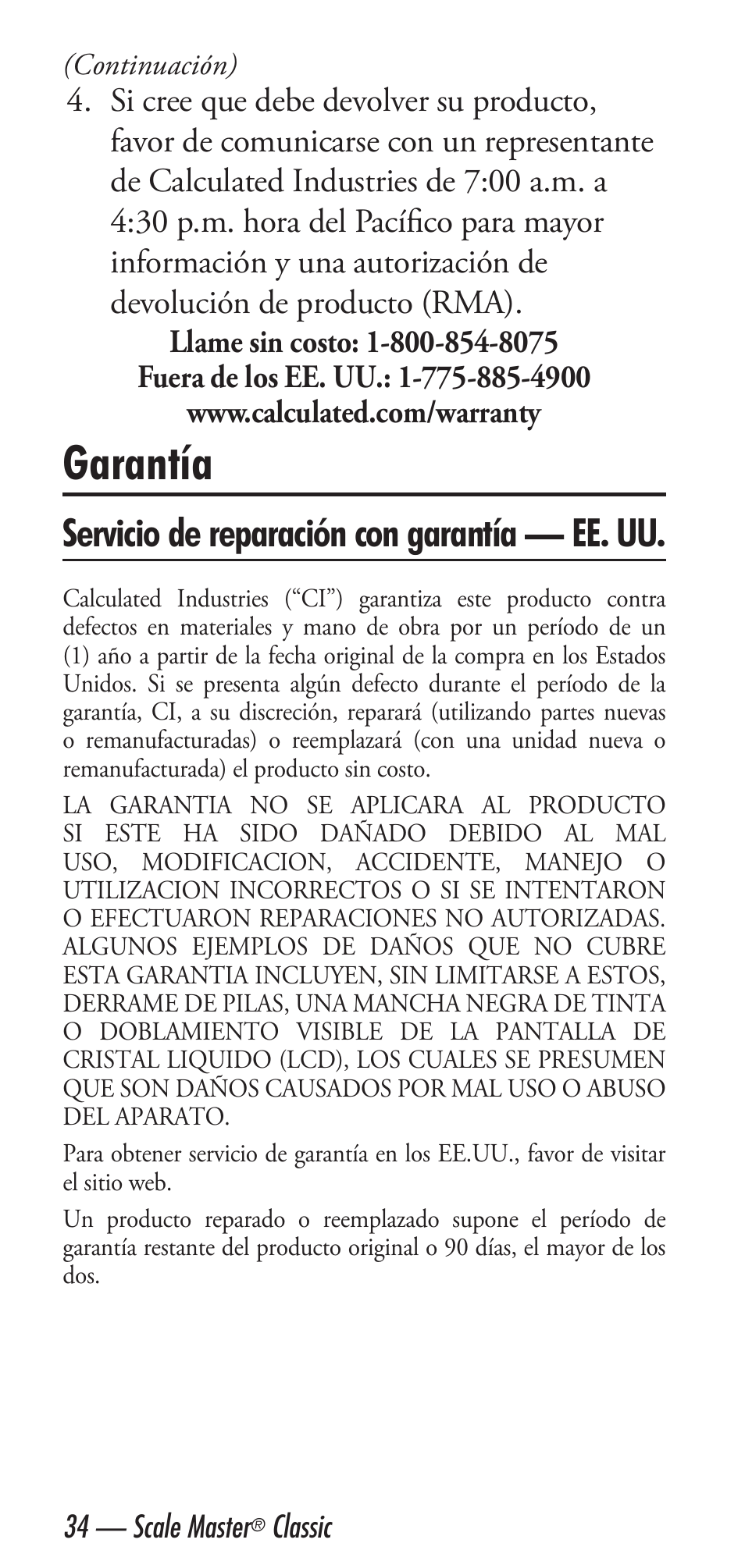 Garantía, Servicio de reparación con garantía — ee. uu | Calculated Industries 6020 v3.1 User Manual | Page 36 / 40