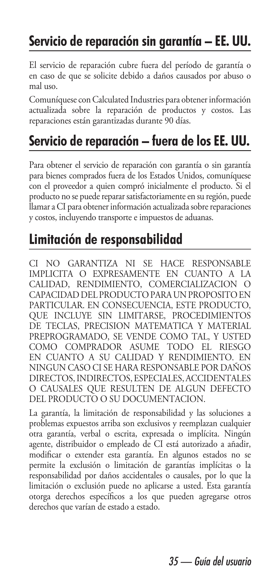 Servicio de reparación sin garantía – ee. uu, Servicio de reparación – fuera de los ee. uu, Limitación de responsabilidad | Calculated Industries 6020 v3.1 User Manual | Page 37 / 40