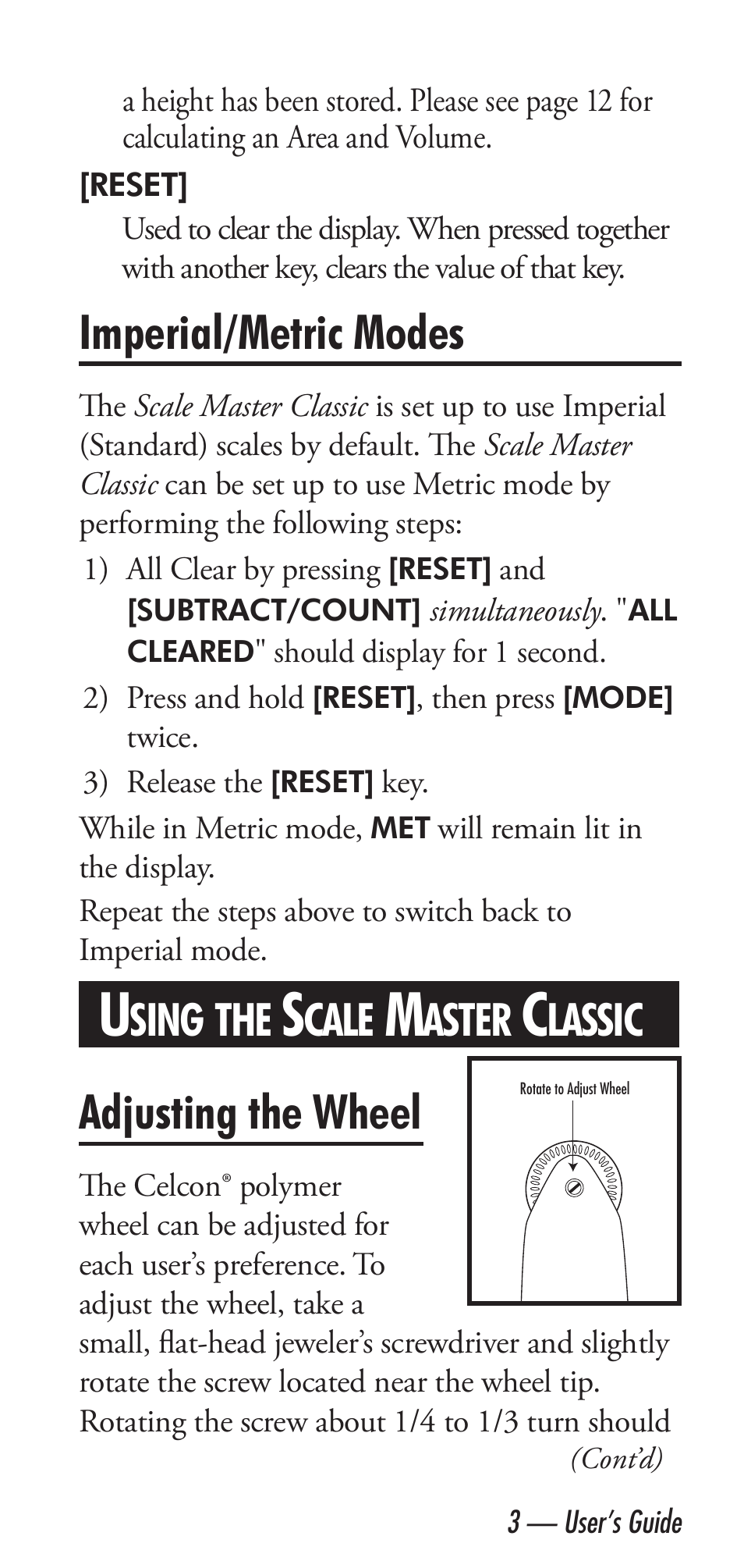 Imperial/metric modes, Adjusting the wheel, Sing | Cale, Aster, Lassic | Calculated Industries 6020 v3.1 User Manual | Page 5 / 40