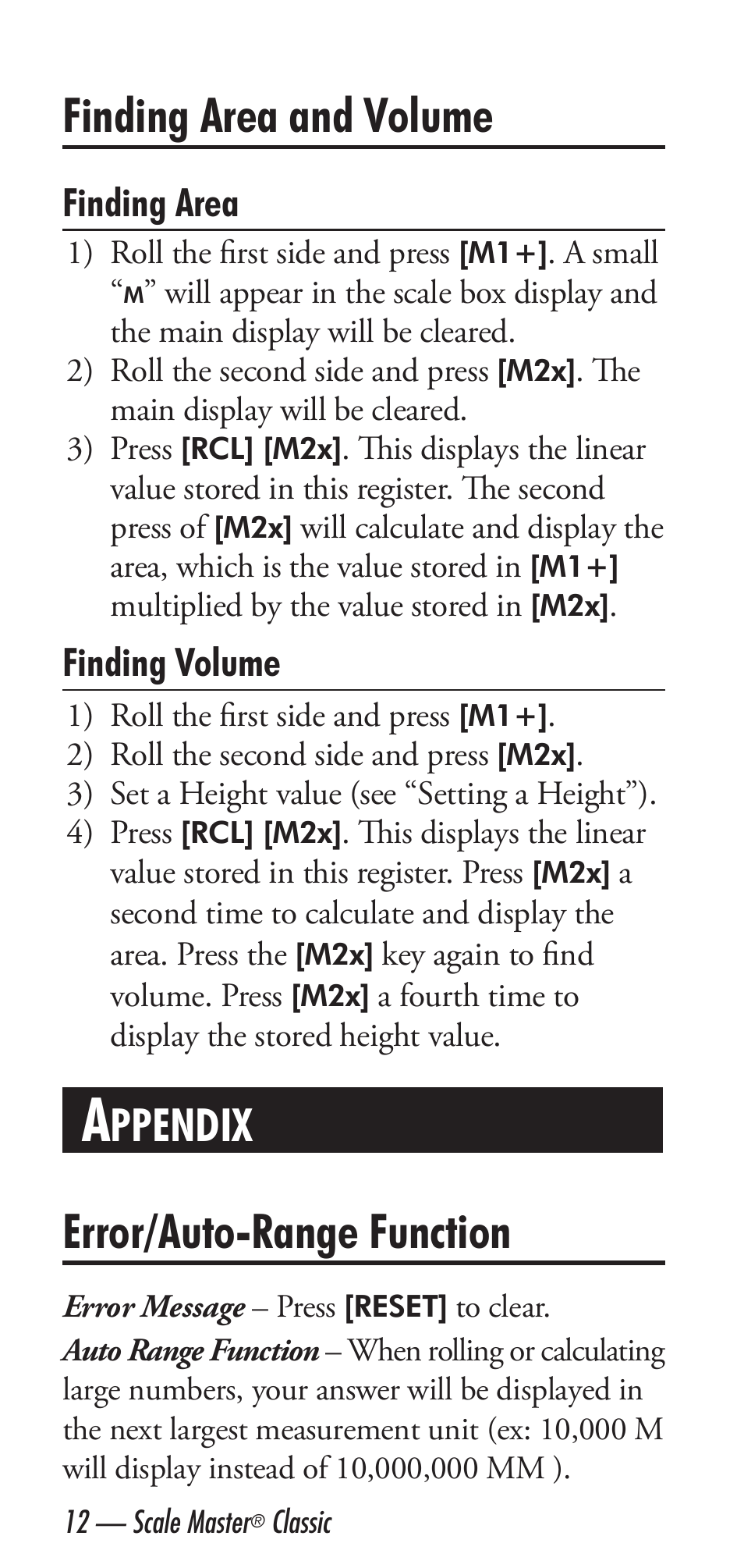 Finding area and volume, Error/auto-range function, Ppendix | Finding area, Finding volume | Calculated Industries 6020 v3.2 User Manual | Page 14 / 40