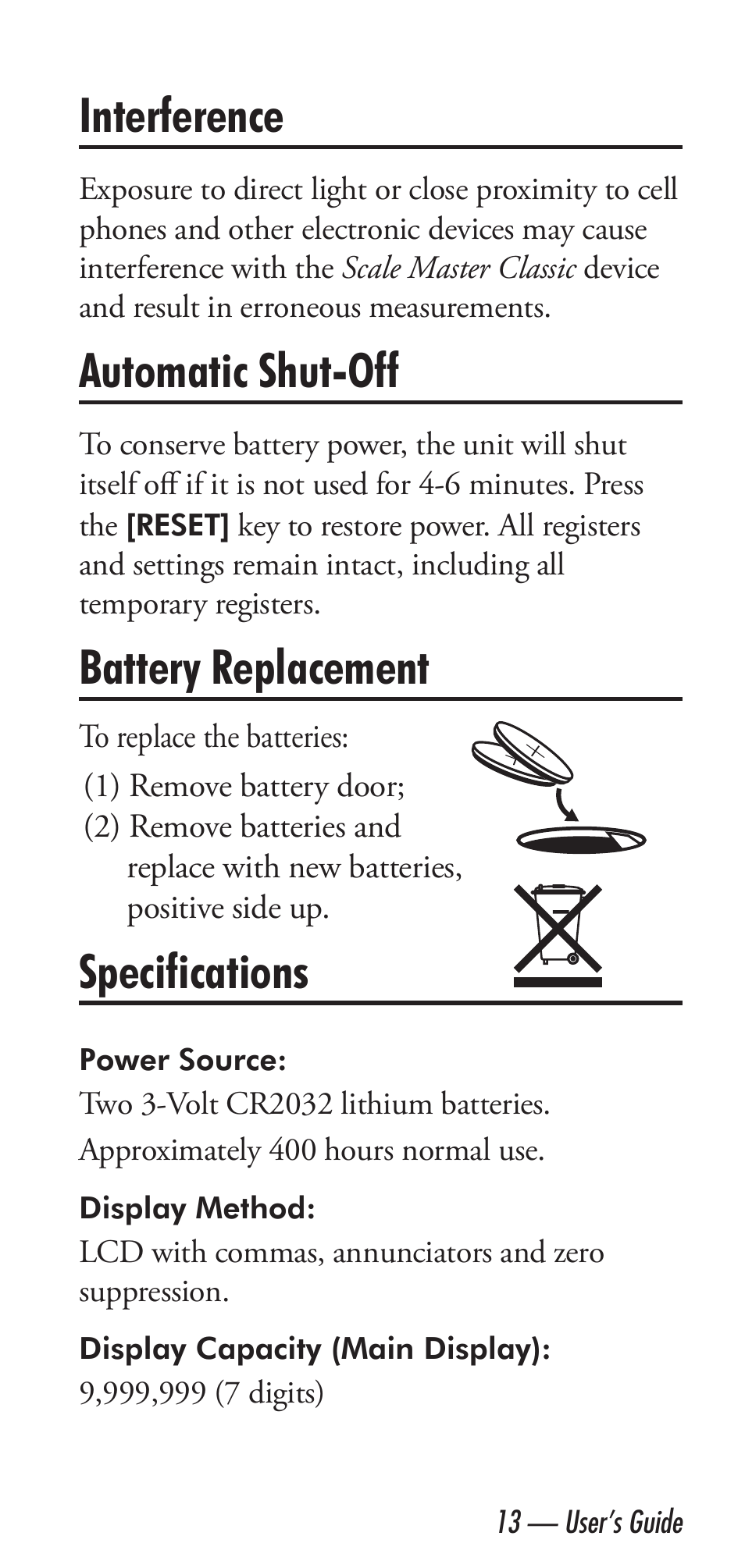 Interference, Automatic shut-off, Battery replacement | Specifications | Calculated Industries 6020 v3.2 User Manual | Page 15 / 40