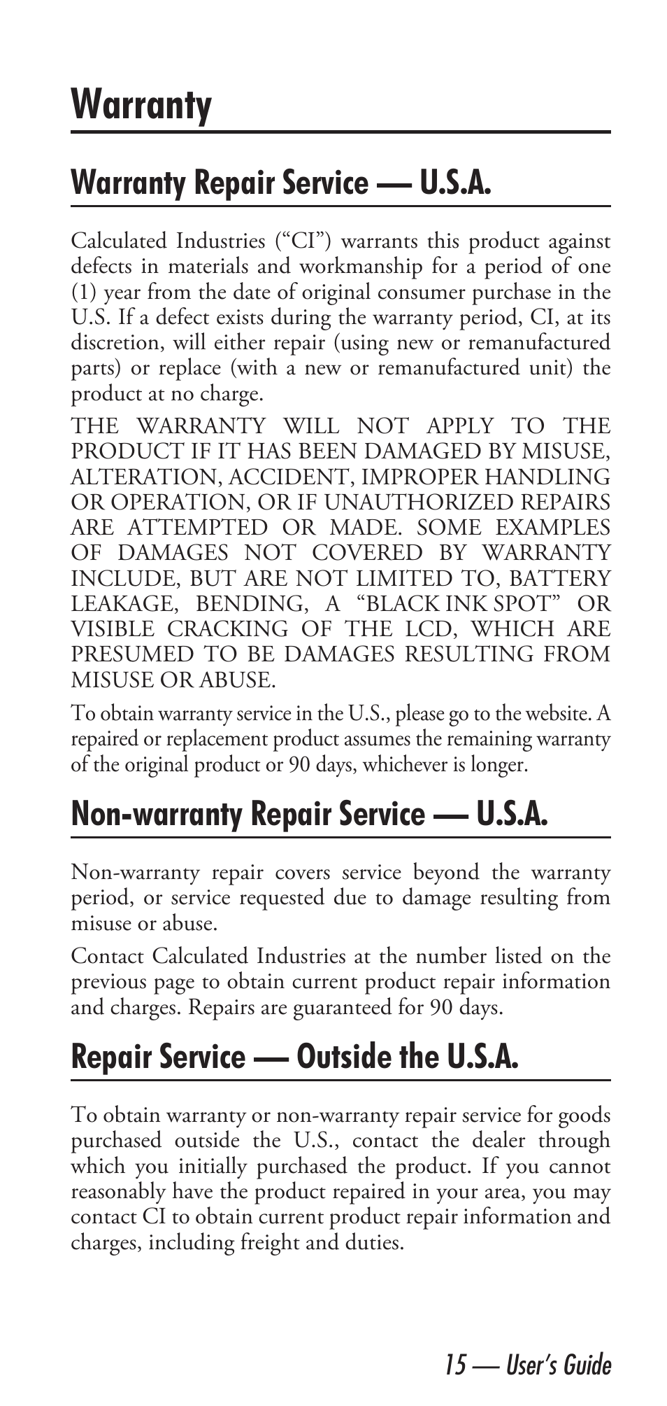 Warranty, Warranty repair service — u.s.a, Non-warranty repair service — u.s.a | Repair service — outside the u.s.a | Calculated Industries 6020 v3.2 User Manual | Page 17 / 40