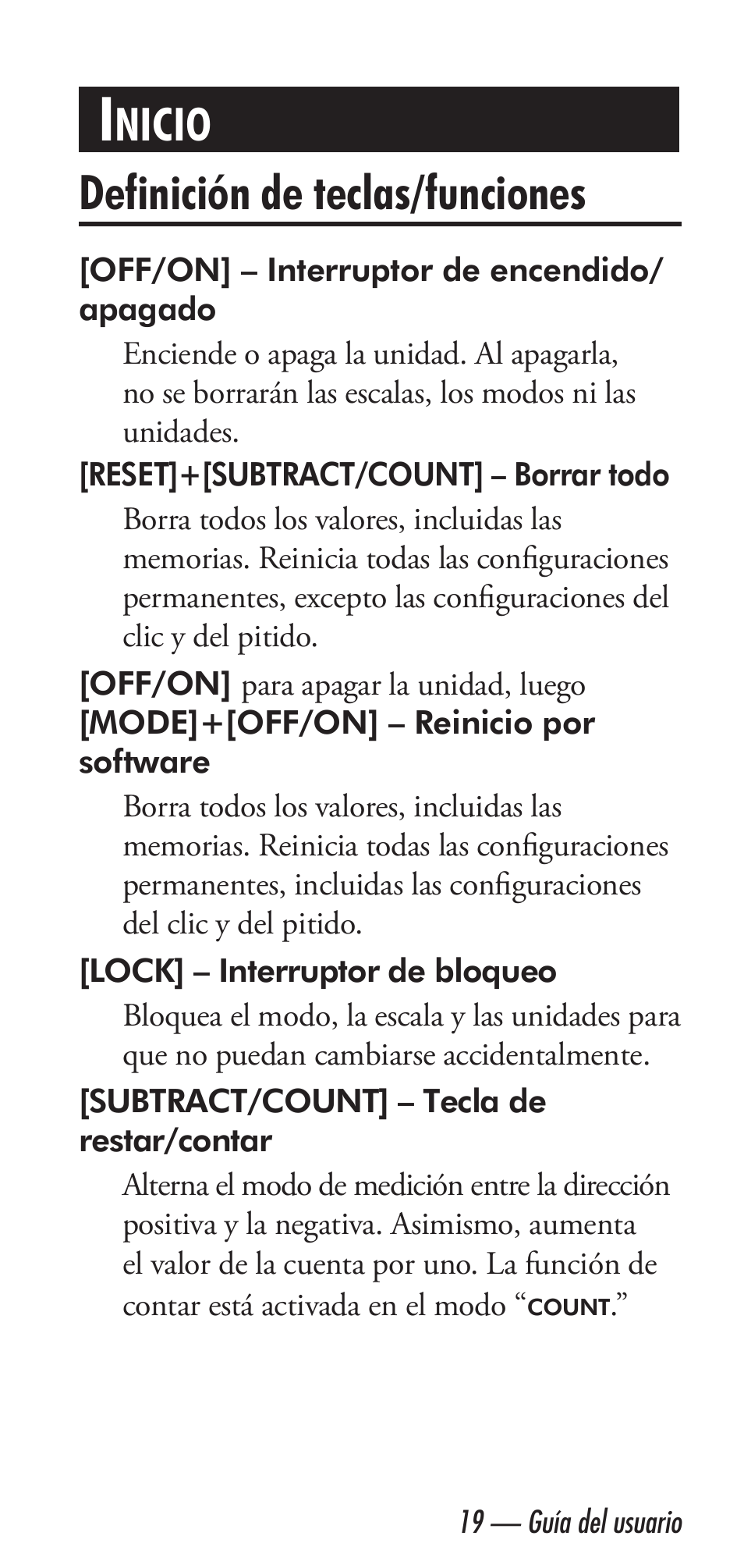 Definición de teclas/funciones, Nicio | Calculated Industries 6020 v3.2 User Manual | Page 21 / 40