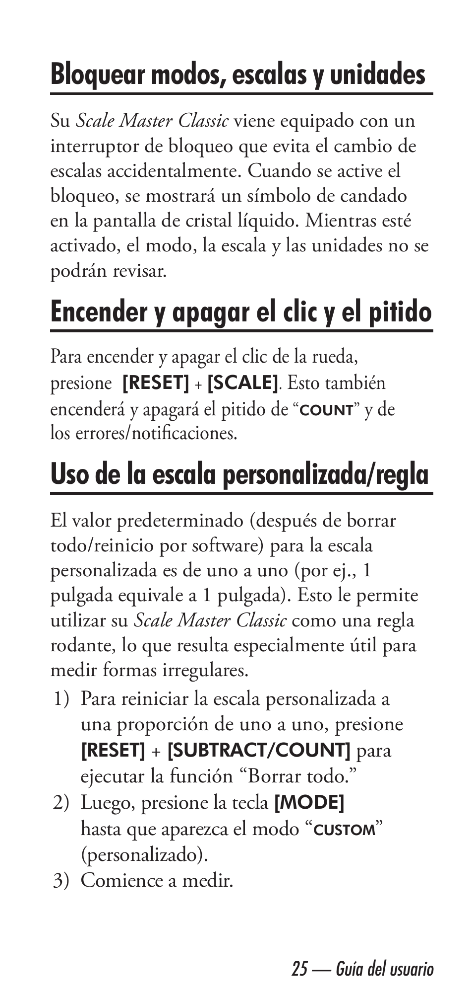 Bloquear modos, escalas y unidades, Encender y apagar el clic y el pitido, Uso de la escala personalizada/regla | Calculated Industries 6020 v3.2 User Manual | Page 27 / 40