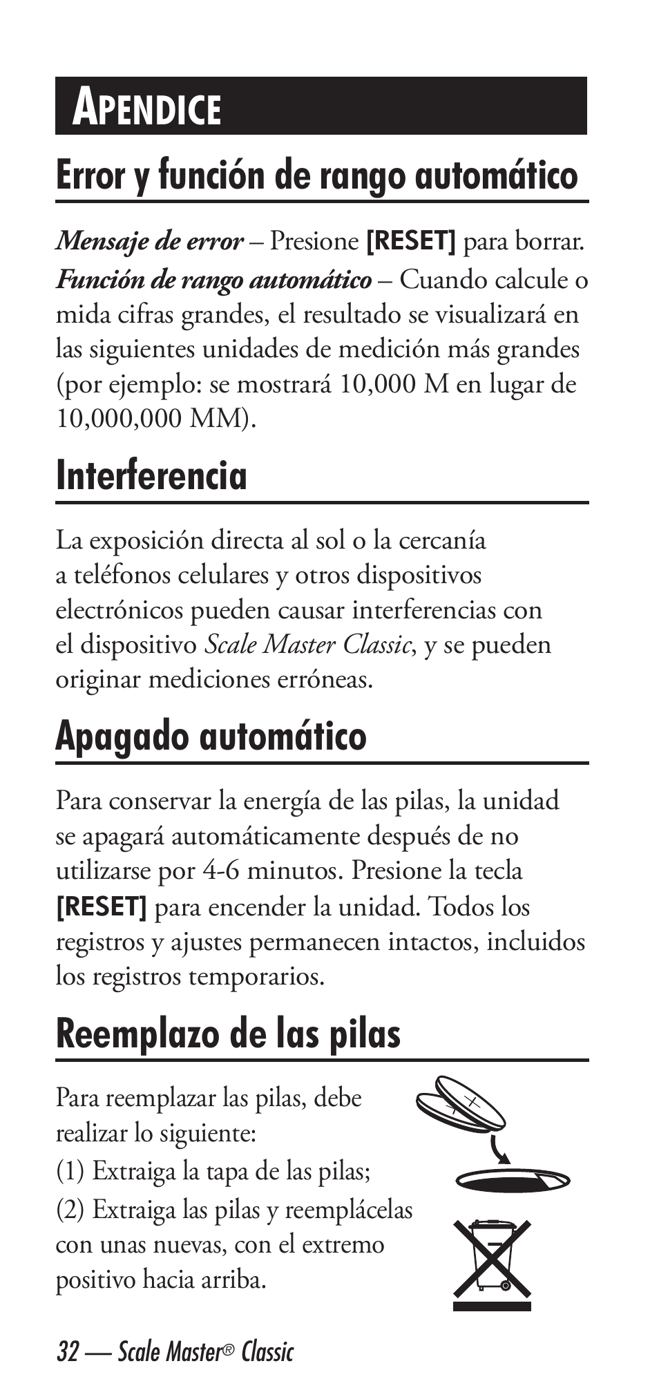 Error y función de rango automático, Interferencia, Apagado automático | Reemplazo de las pilas, Pendice | Calculated Industries 6020 v3.2 User Manual | Page 34 / 40