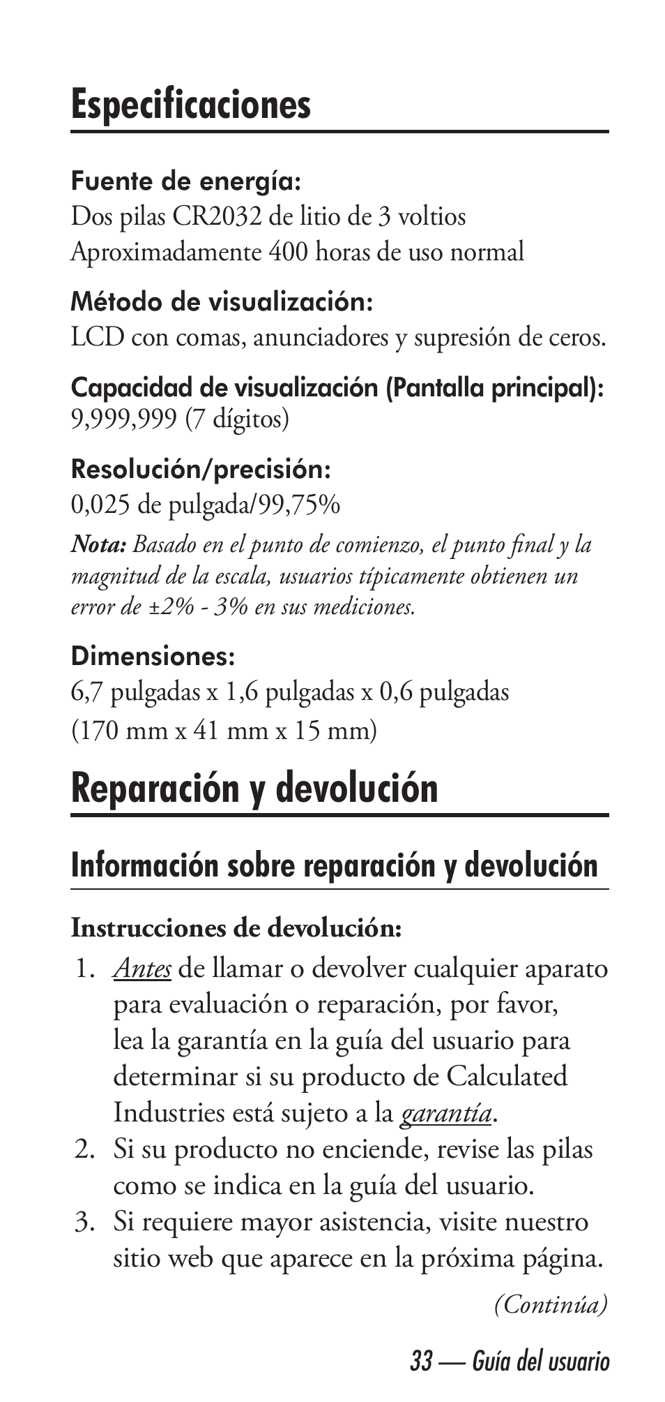 Especificaciones, Reparación y devolución, Información sobre reparación y devolución | Calculated Industries 6020 v3.2 User Manual | Page 35 / 40