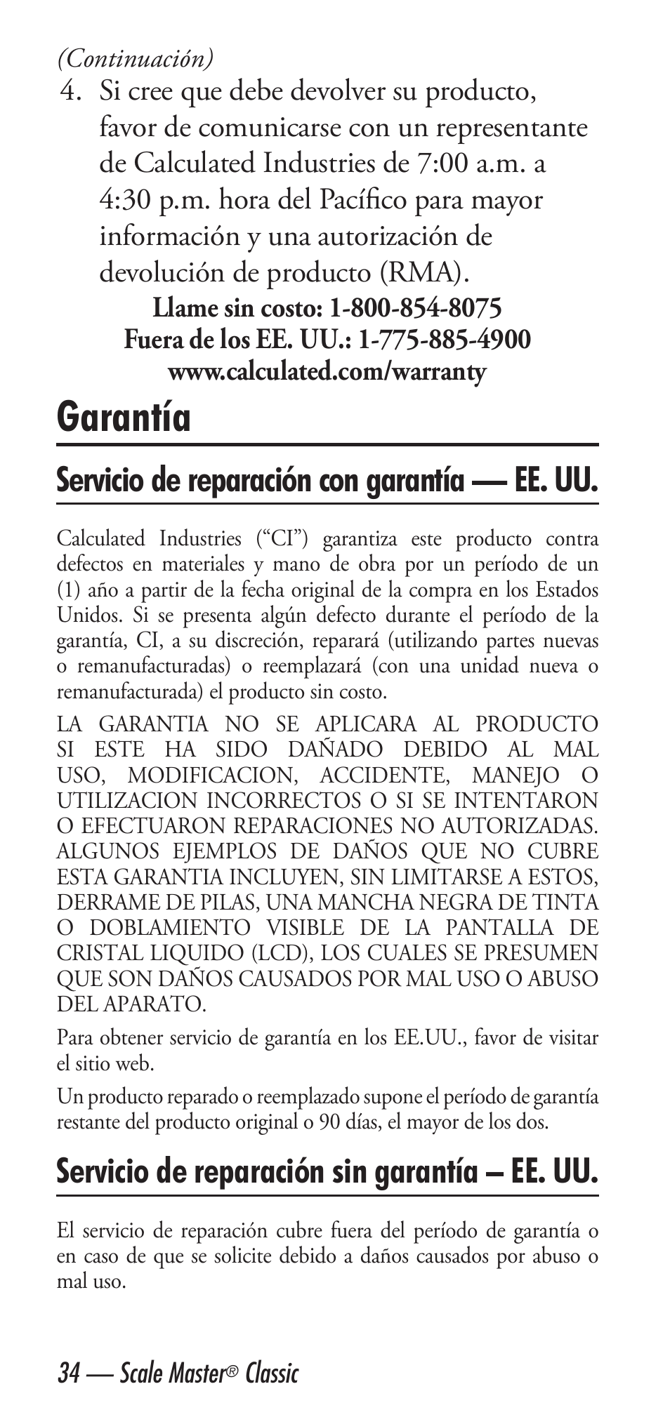 Garantía, Servicio de reparación con garantía — ee. uu, Servicio de reparación sin garantía – ee. uu | Calculated Industries 6020 v3.2 User Manual | Page 36 / 40