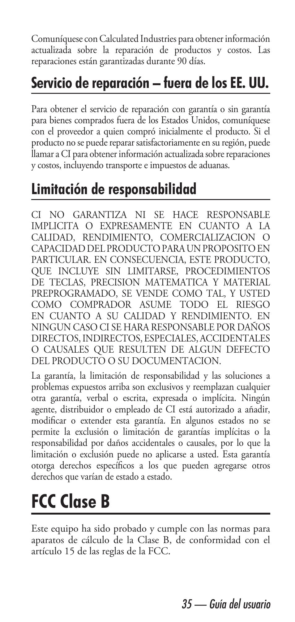 Fcc clase b, Servicio de reparación – fuera de los ee. uu, Limitación de responsabilidad | Calculated Industries 6020 v3.2 User Manual | Page 37 / 40